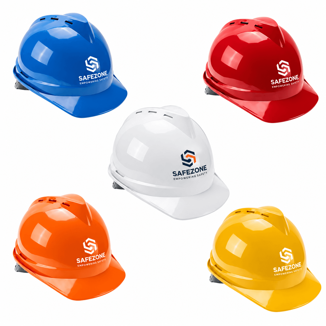 Vented safety helmets in blue, red, white, orange and yellow with front Safezone logo branding.