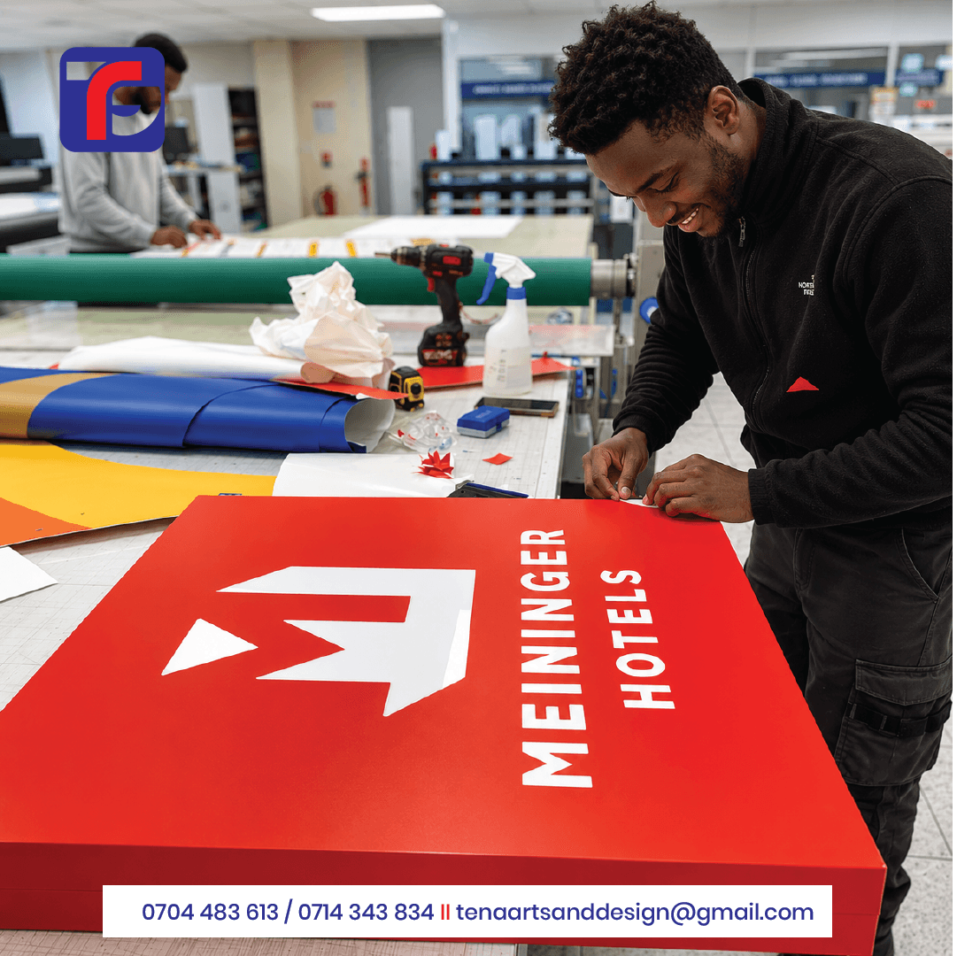 Custom red hotel sign with white MEININGER HOTELS lettering and logo being assembled in a workshop.