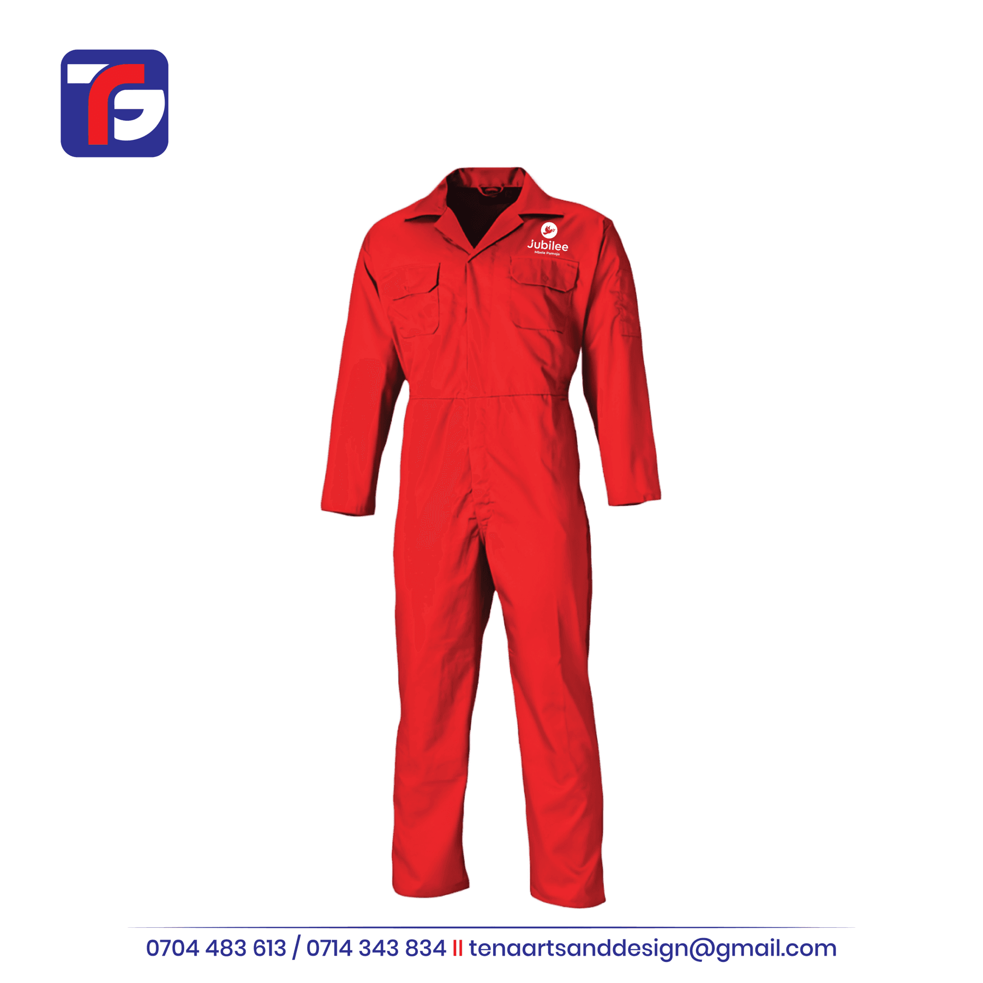 Red Jubilee branded overalls with long sleeves, two flap chest pockets and white Mbele Pamoja logo artwork above the left pocket.