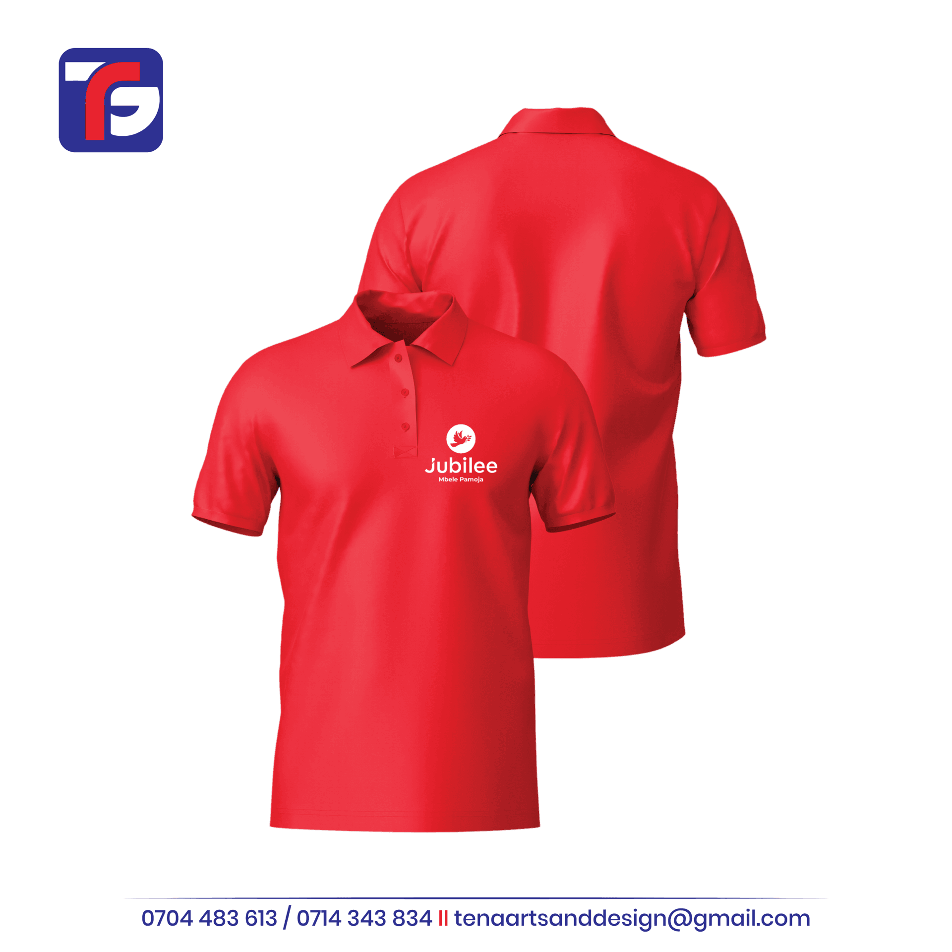 Red Jubilee polo shirt shown from the front and back with white dove chest branding, short sleeves and a three-button neckline.