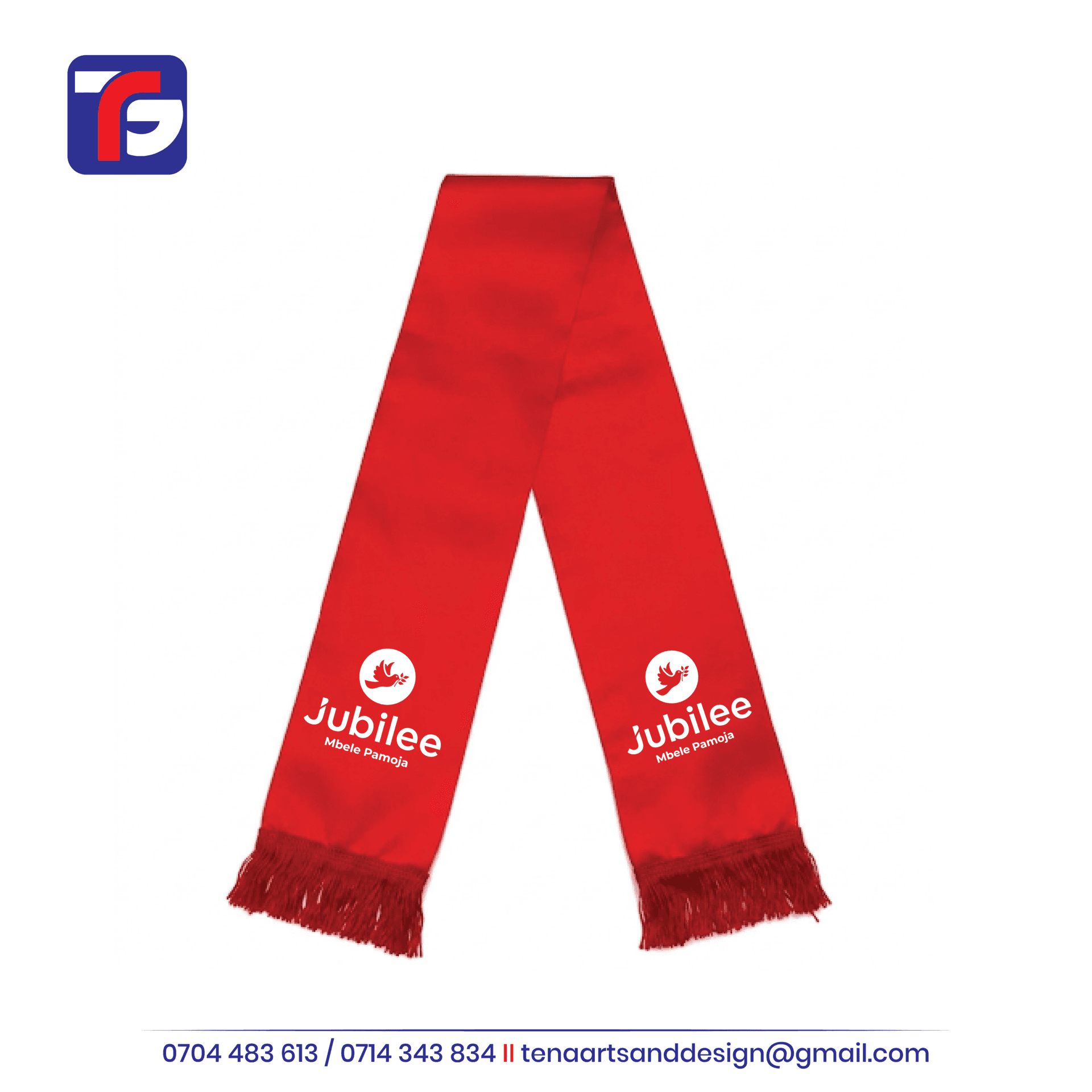 Red Jubilee scarf with matching fringed ends, white dove emblems and Mbele Pamoja wording near both ends.