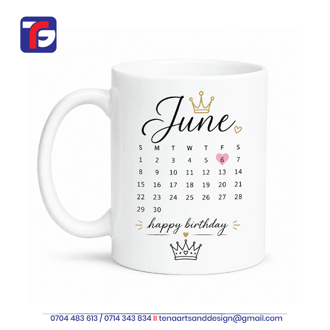 June birthday calendar mug in white with a pink heart marking 6 June, crown illustrations and a happy birthday greeting.