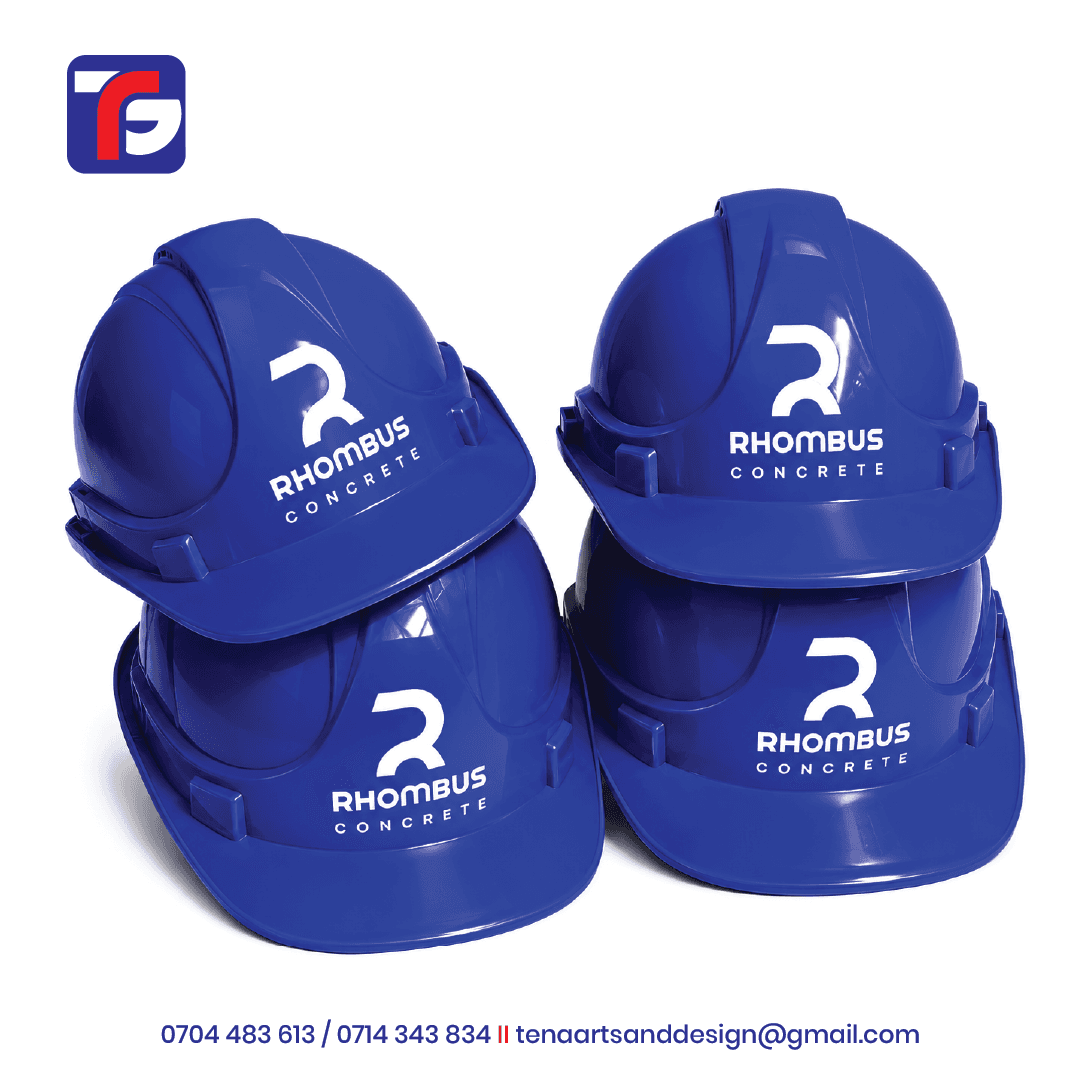 Branded Blue safety helmets with white Rhombus Concrete branding and short front peaks.