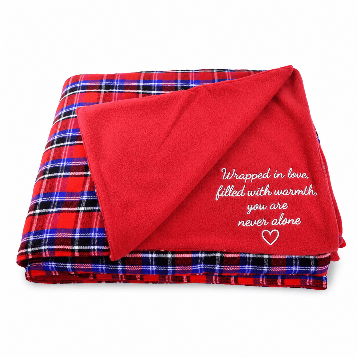 Personalised Maasai fleece blanket with red checked fabric, red lining and white Wrapped in Love message embroidery.