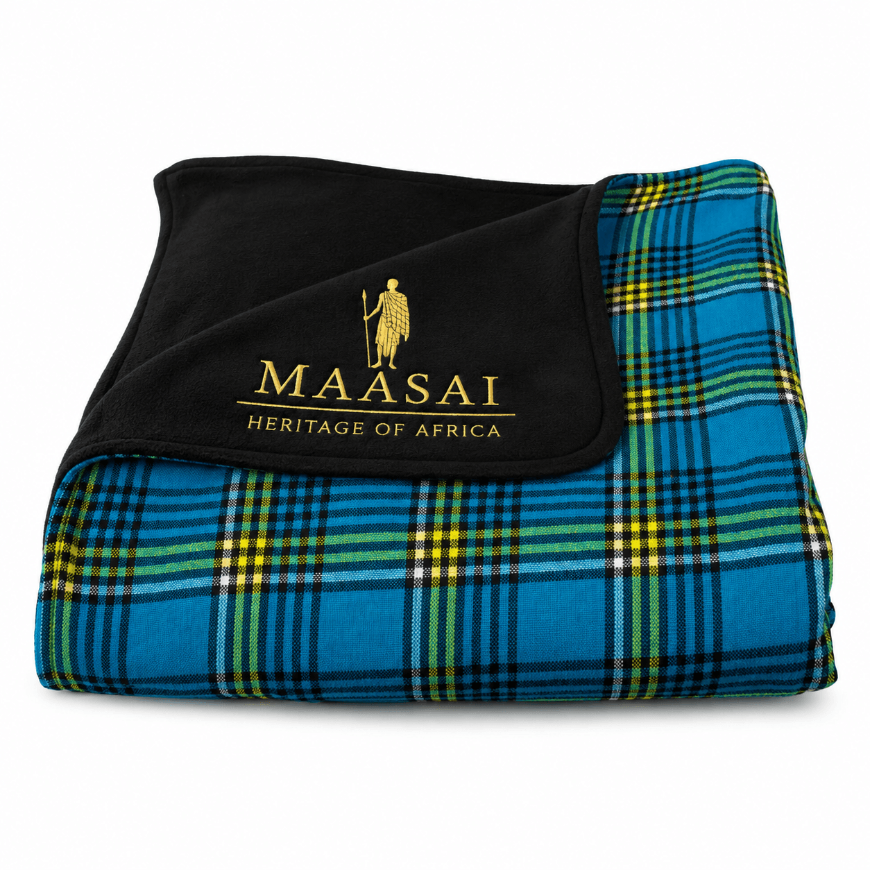 Blue checked Maasai fleece blanket with black lining and gold Maasai Heritage of Africa embroidery.