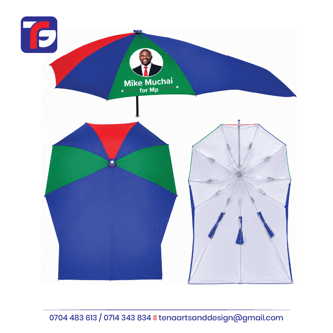 Branded motorbike umbrella with blue, green and red panels, an extended canopy and a portrait above Mike Muchai for MP wording.