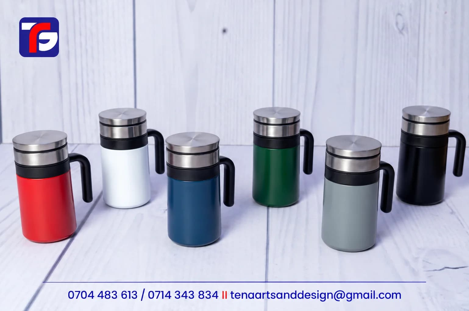 Tea mug with handle and sieve range in red, white, navy blue, green, grey and black, shown with silver-tone lids and black handles