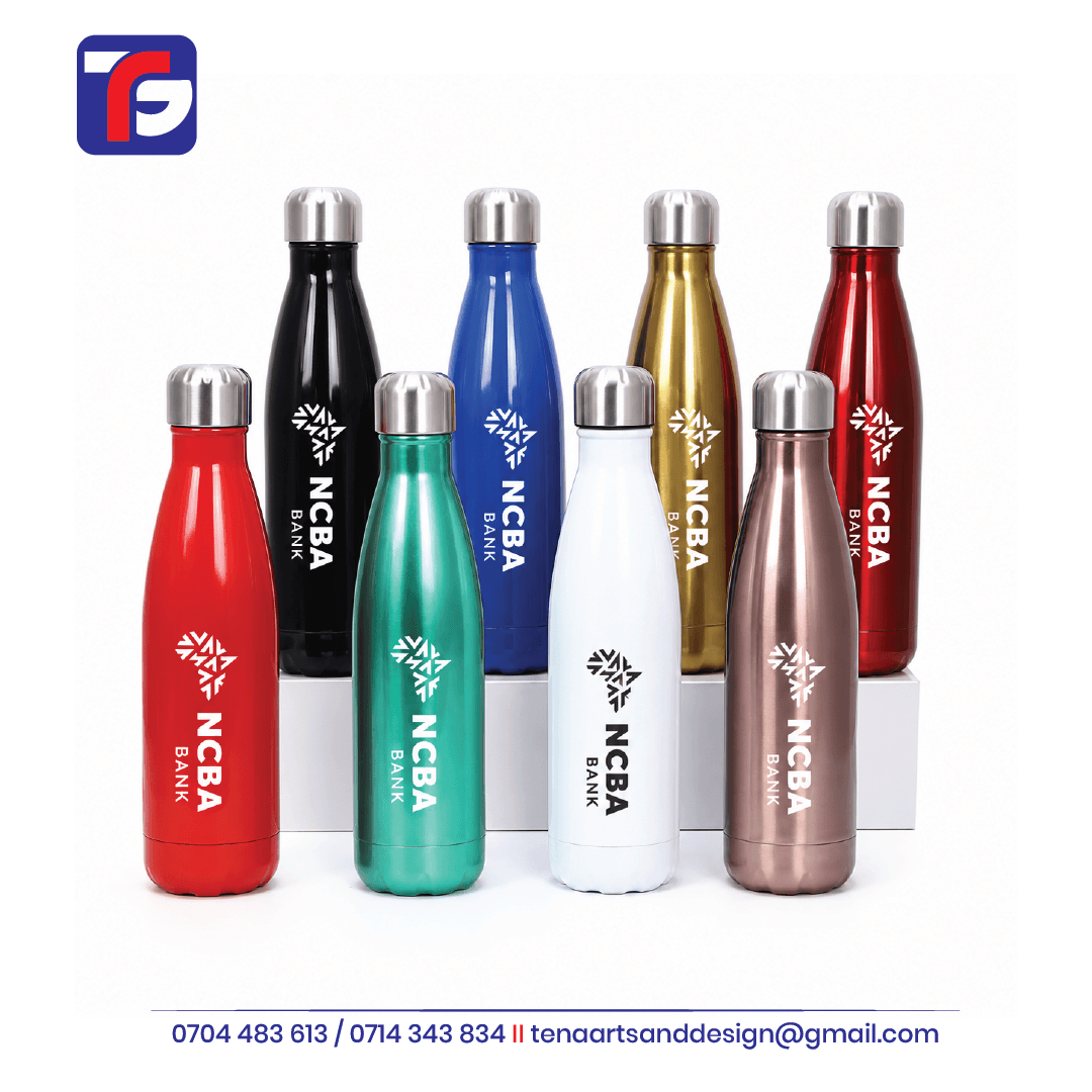 Narrow neck thermal bottle colour selection with silver-coloured caps and vertical NCBA Bank logo branding.