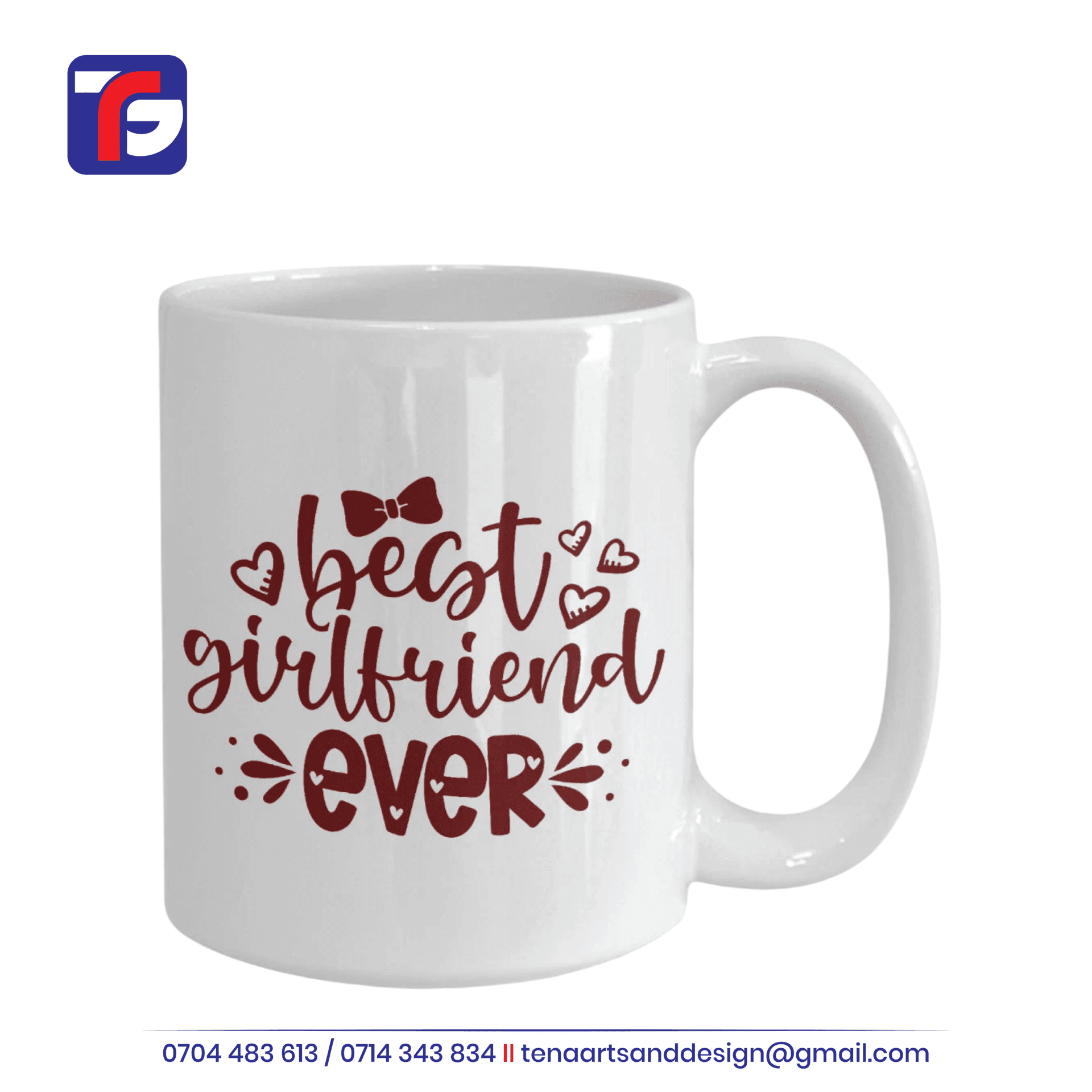 Best Girlfriend Ever Mug in white with deep red lettering, decorative hearts, a bow and a curved handle.