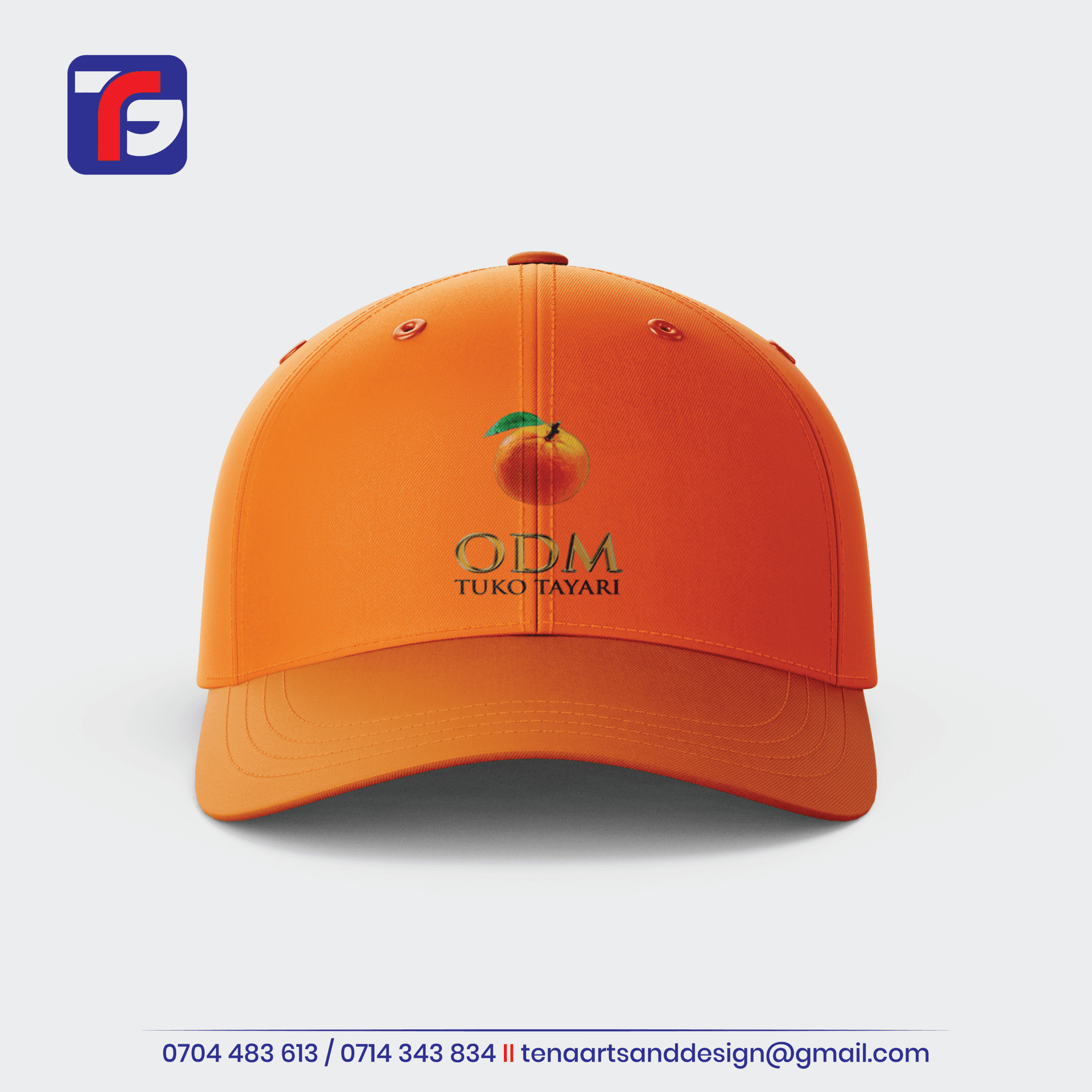 Orange ODM cap with a curved peak, orange fruit emblem, green leaf and Tuko Tayari wording on the front.