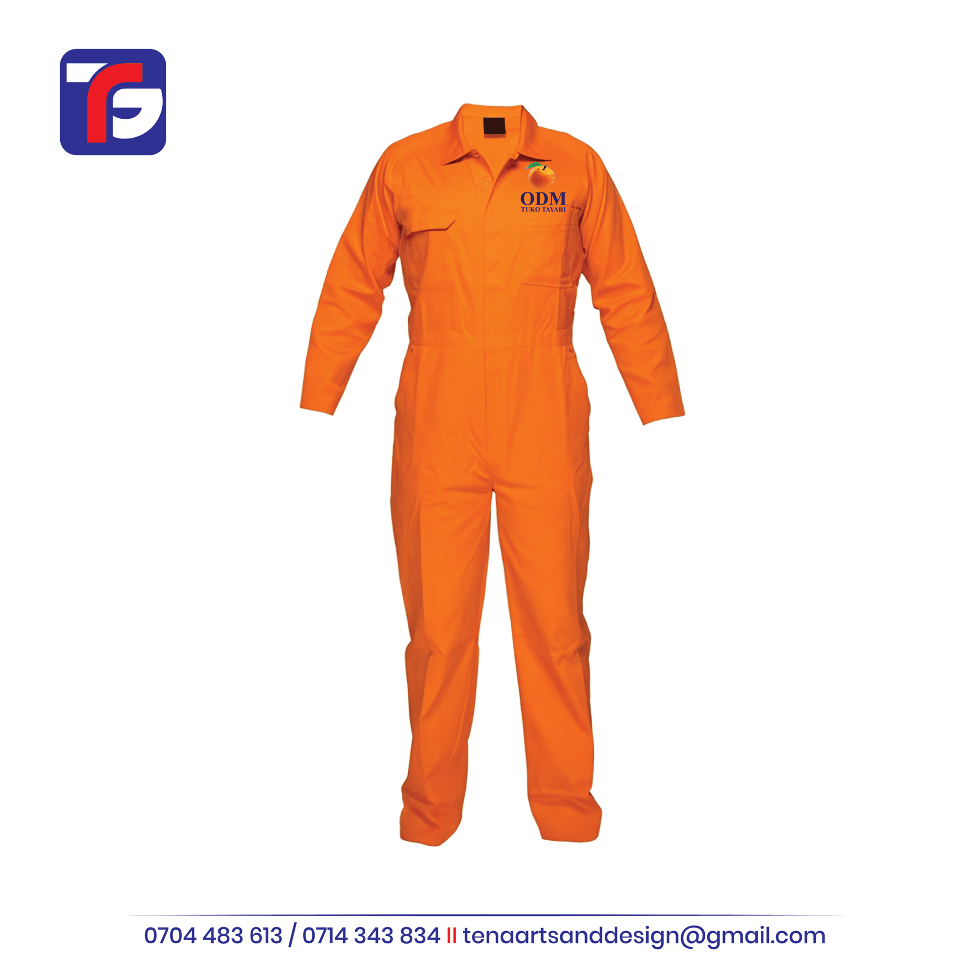 Orange ODM branded overalls with long sleeves, chest pockets, a collar and Tuko Tayari logo artwork on the left chest.
