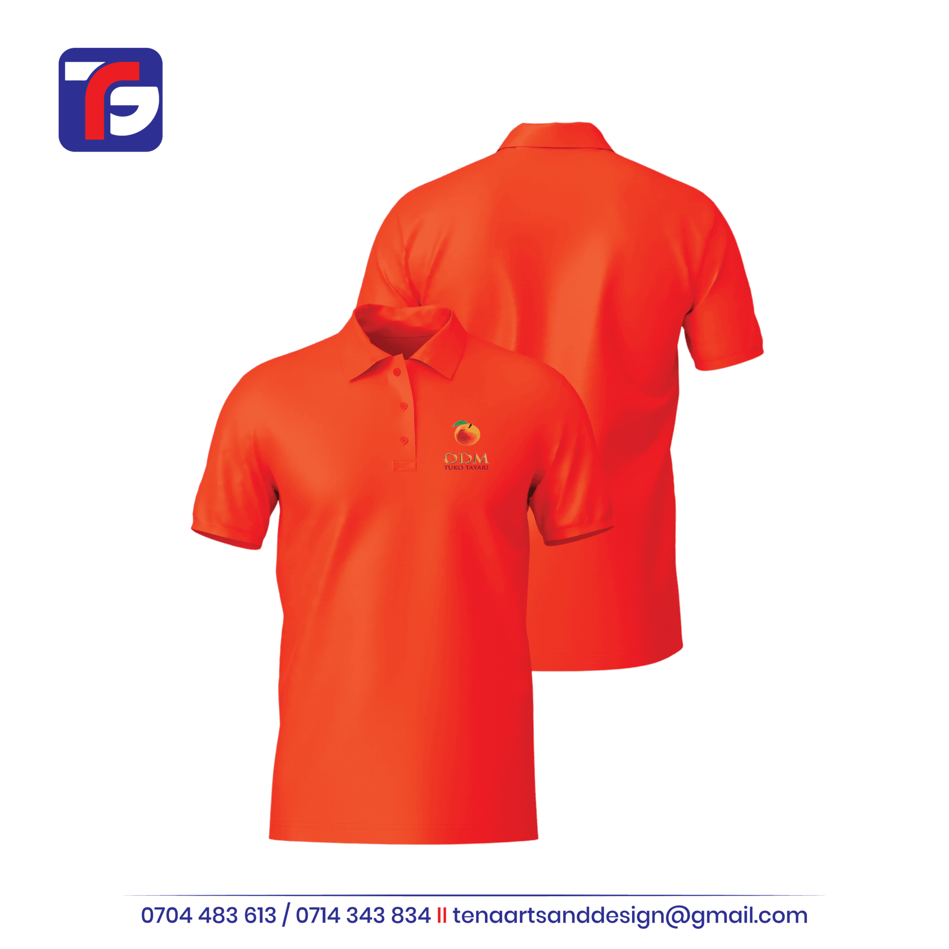 Front and back of an orange ODM polo shirt with a chest logo, three-button neckline, short sleeves and plain back.