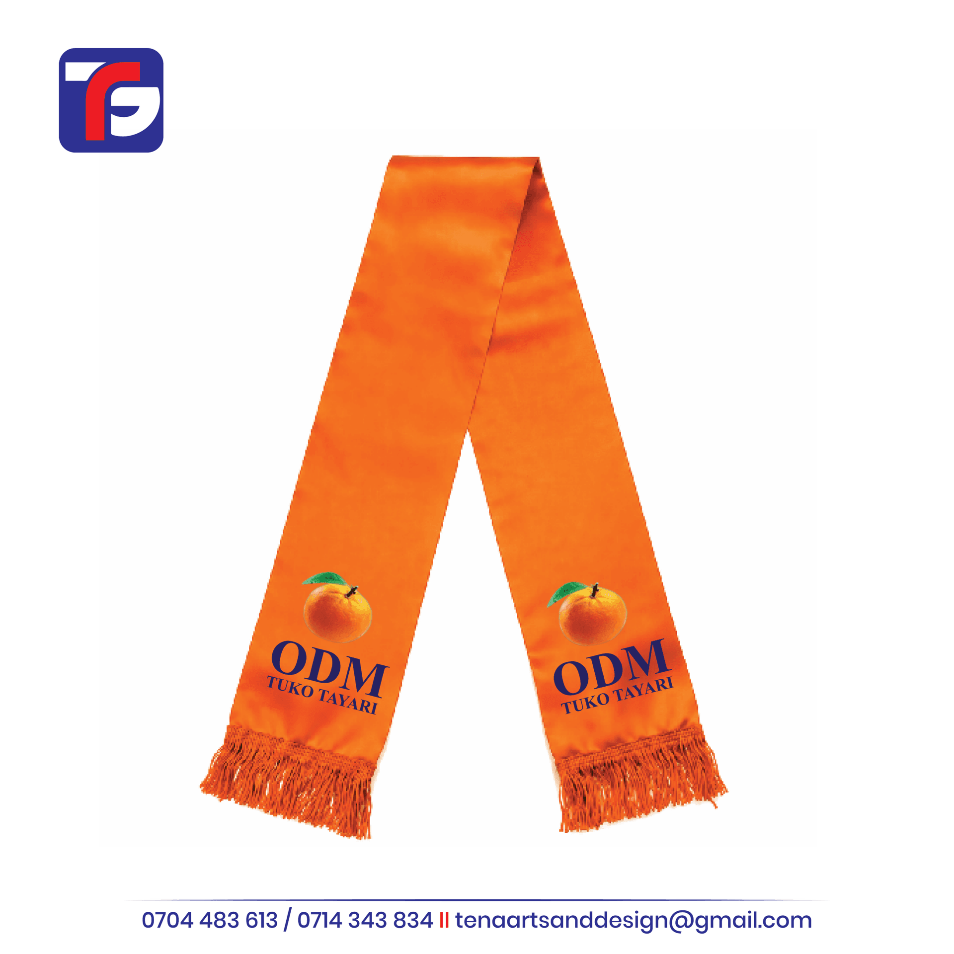 Orange ODM scarf with fringed ends, orange fruit emblems and navy Tuko Tayari lettering near both ends.