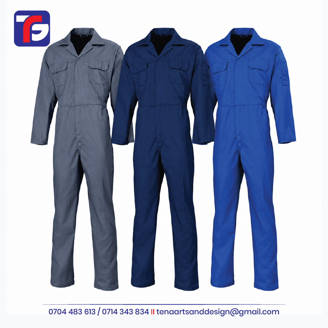 Workshop staff overalls in grey, navy blue and royal blue with long sleeves and two flap chest pockets.