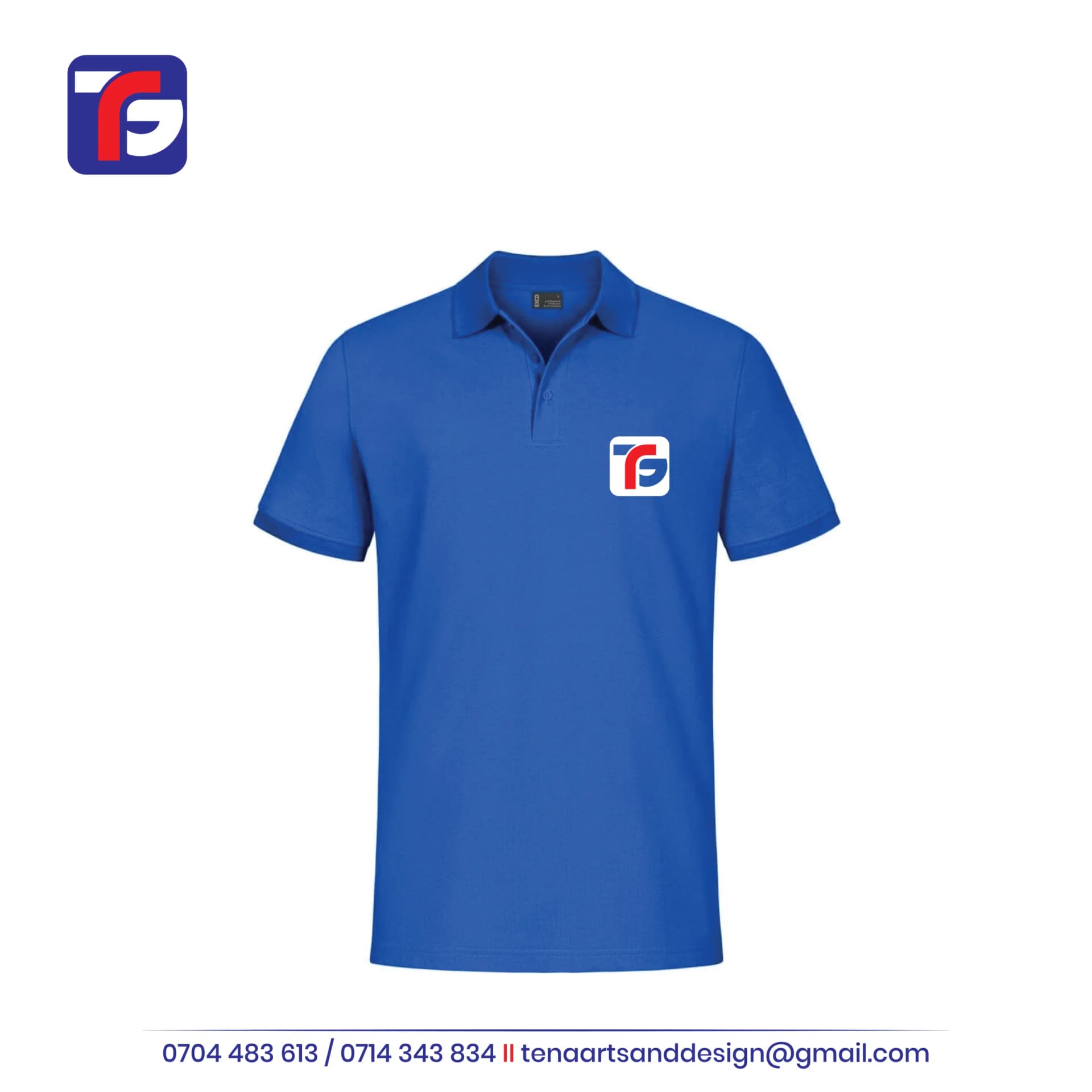 Royal blue branded polo shirt with short sleeves, a fold-down collar, button placket and Tena Graphics logo on the left chest.