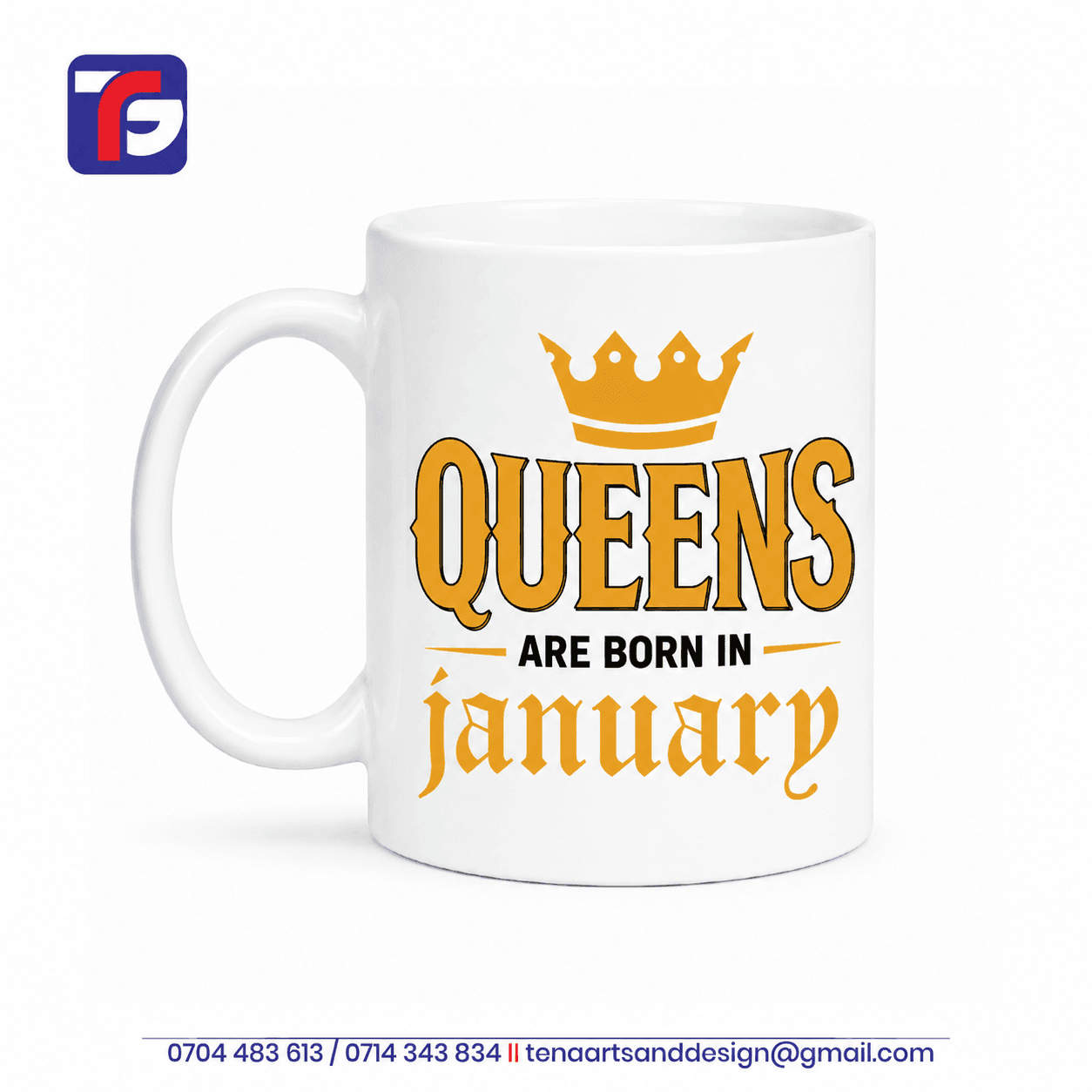 January birthday mug for her in white with gold-toned Queens Are Born in January lettering and a crown.