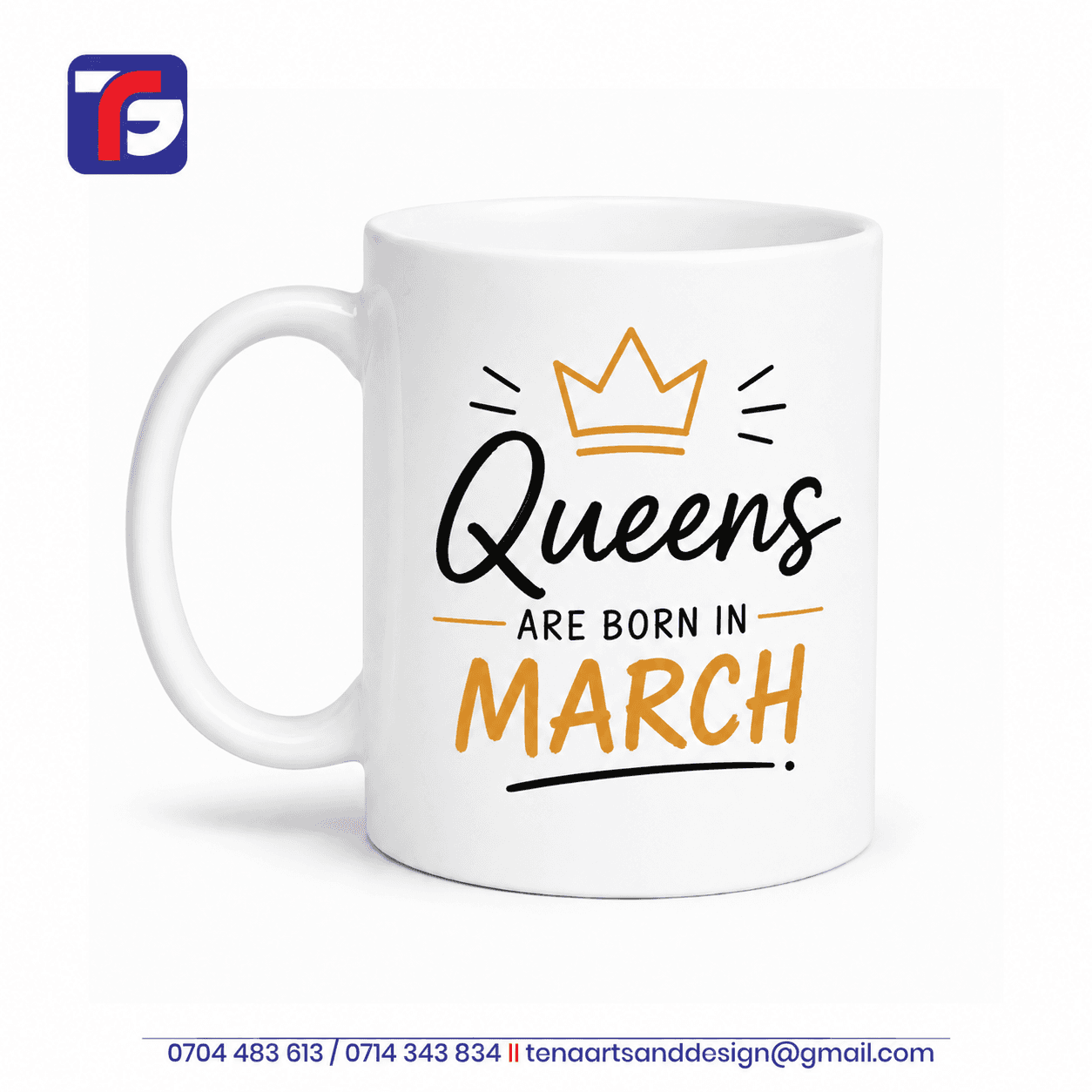 March birthday mug for her in white with Queens Are Born in March lettering, a gold-toned crown and decorative accents.