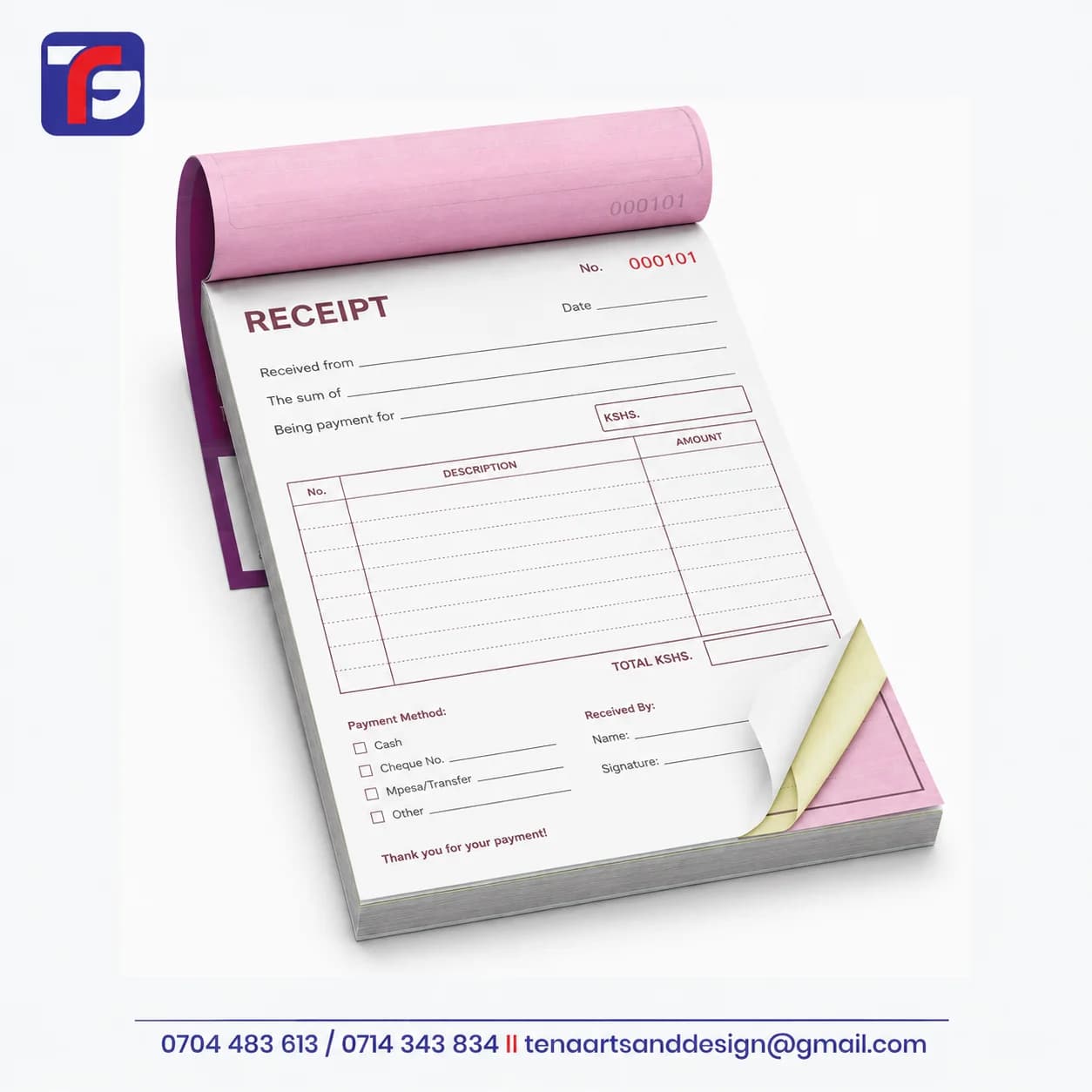 Custom receipt book printing sample with numbered payment fields and white, yellow and pink sheets.