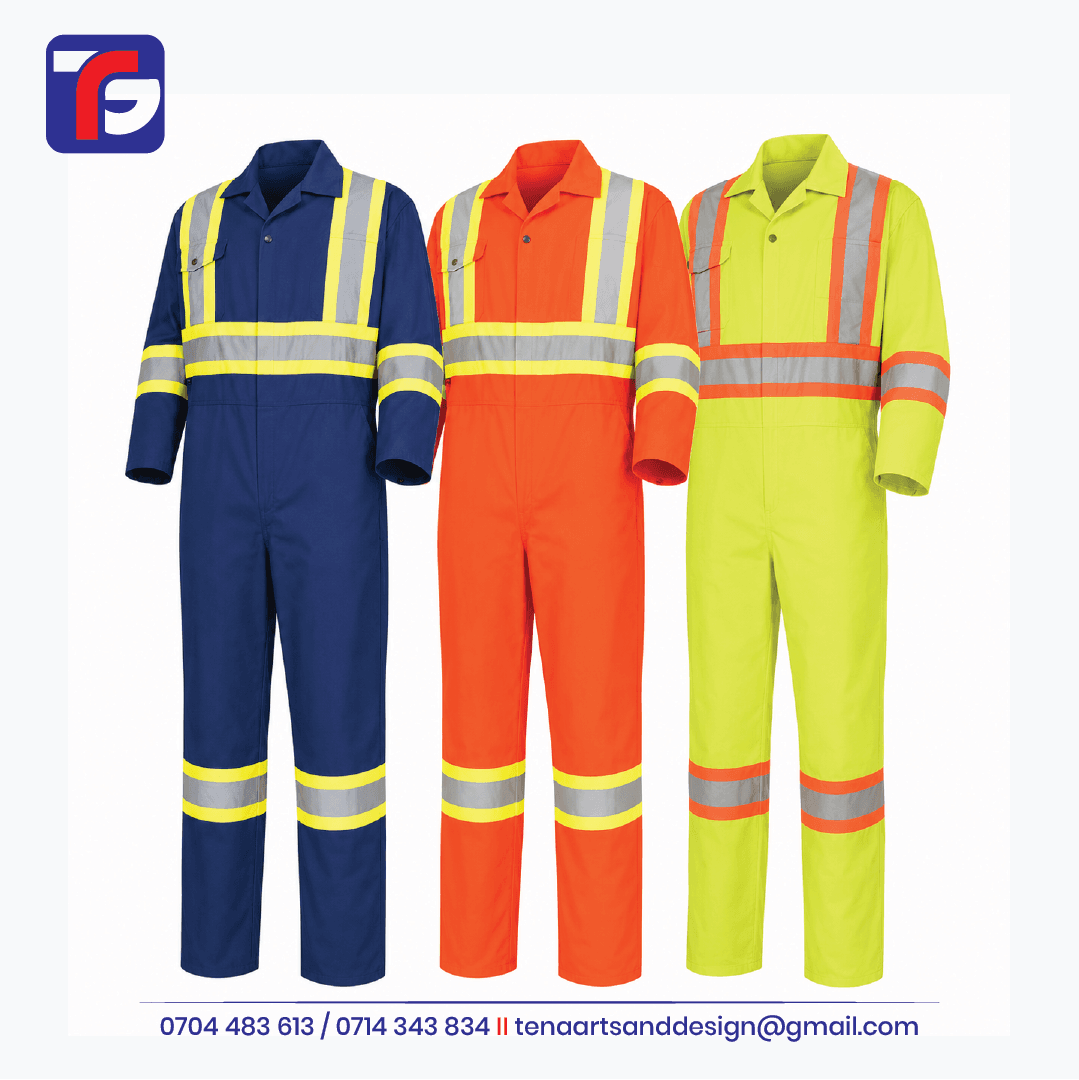 Reflective work overalls in navy blue, orange and lime yellow with reflective bands on the torso, sleeves and lower legs.