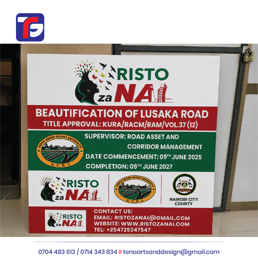 Custom Aluco board project sign for Lusaka Road beautification displaying organisation logos, project dates and contact details.