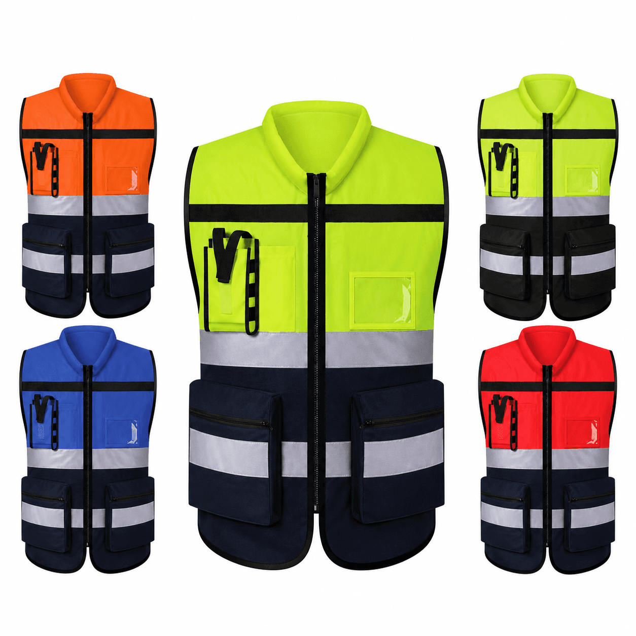 Collared reflective vest with zipped lower pockets, chest loops, a clear ID holder and contrasting colour panels.