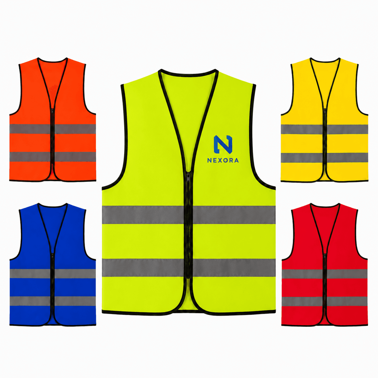 Zip front reflector vest with black trim and two reflective bands, shown in lime yellow, orange, yellow, royal blue and red.