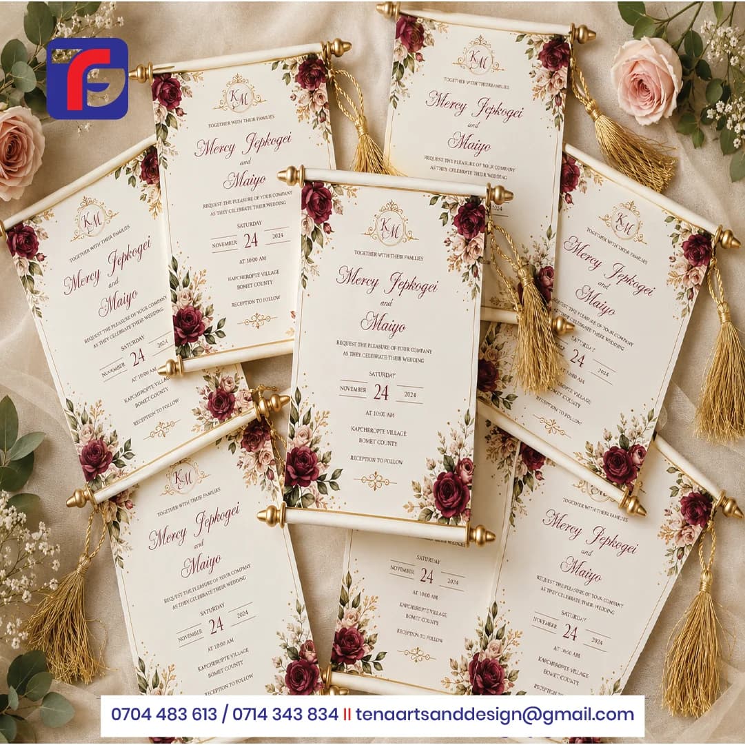 Floral scroll wedding invitations with burgundy roses, ivory backgrounds, gold-coloured rod ends and matching tassels.