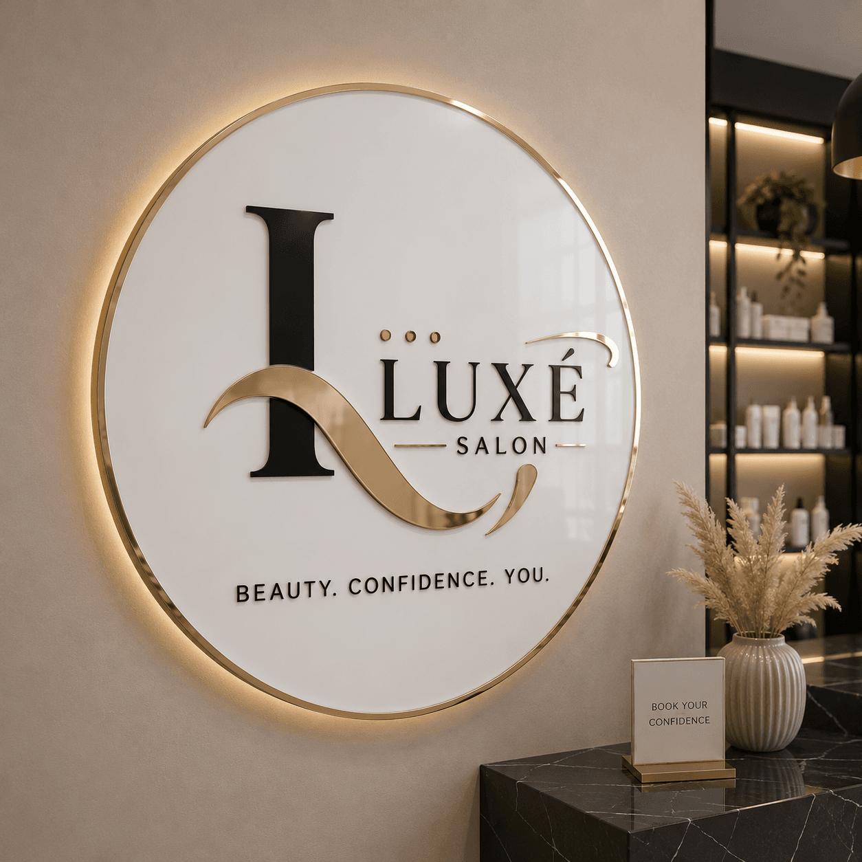 Round backlit salon sign with raised black LUXÉ lettering, gold-coloured logo details and warm halo lighting.