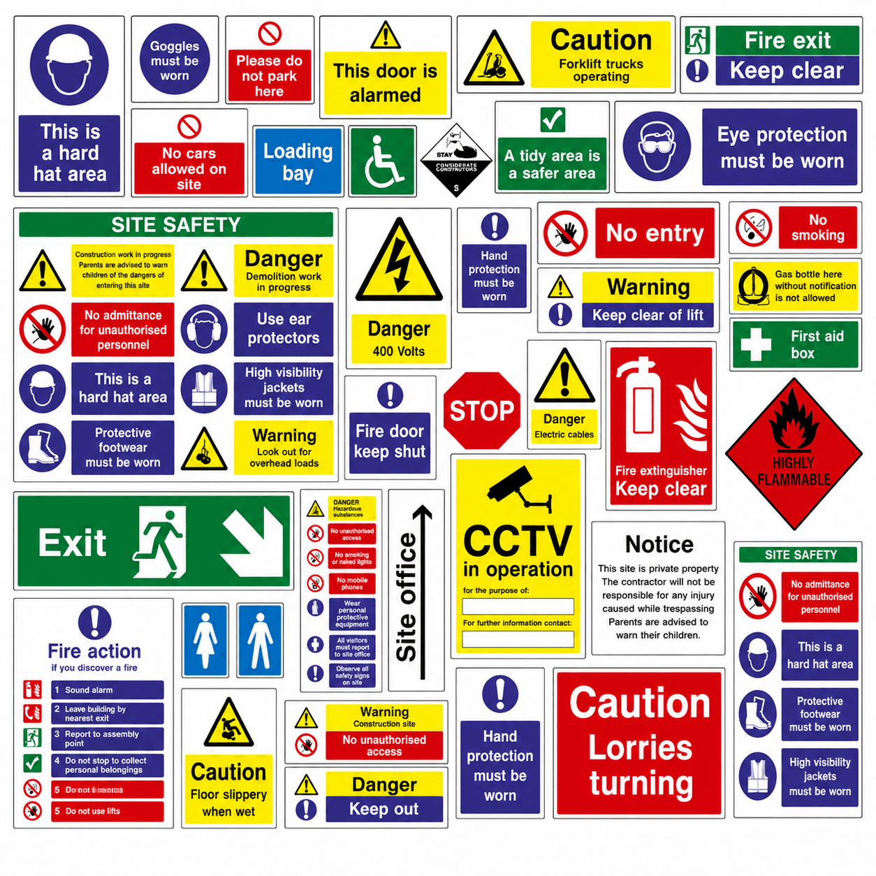 Workplace Safety Signs Kenya showing PPE instructions, hazard warnings, restricted access notices and fire safety signs.