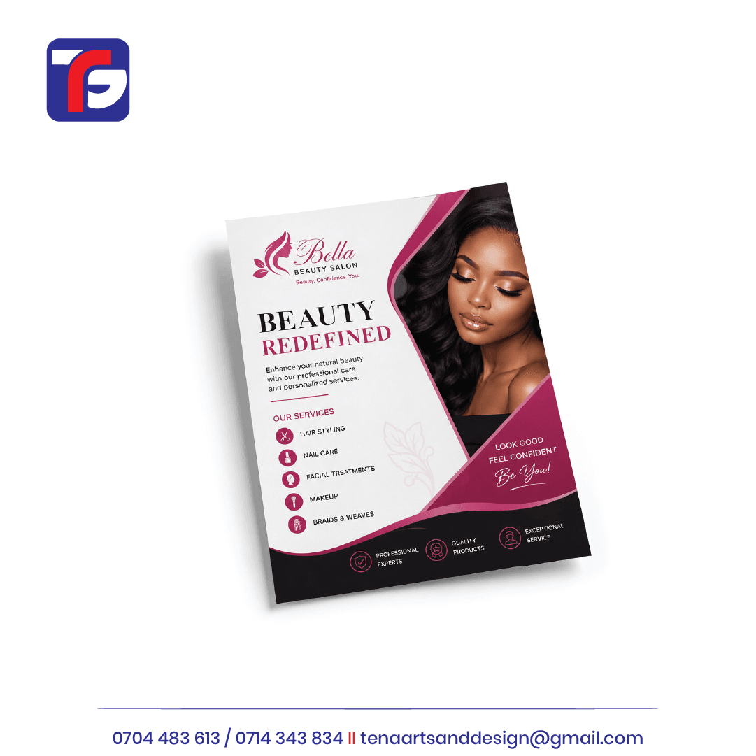 Single sided flyer printing sample for Bella Beauty Salon with a beauty portrait, magenta accents and a service list.