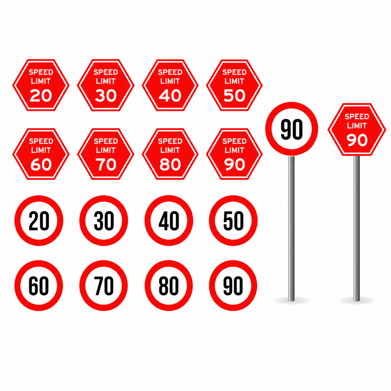 Custom Speed Limit Signs in circular and red hexagonal layouts showing numbers from 20 to 90 and two pole-mounted examples.