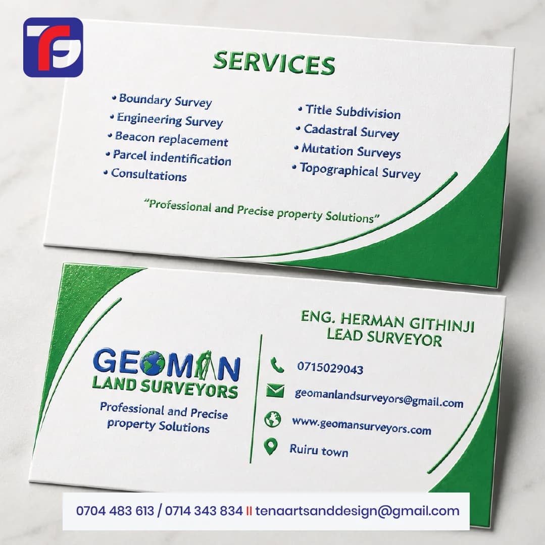Spot UV business cards with Geoman Land Surveyors branding, green accents, blue contact details and a two-column service list.