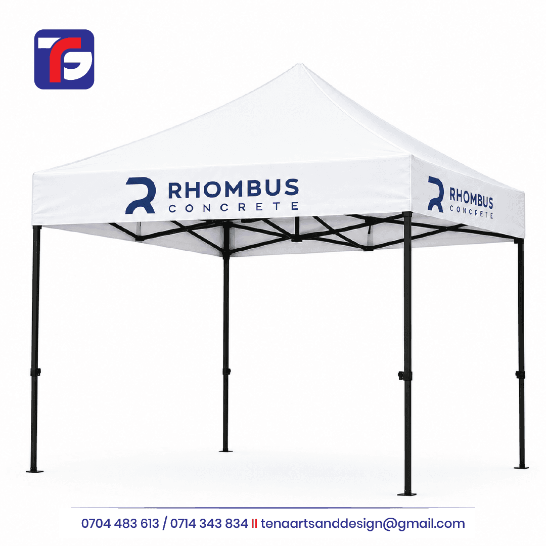 White branded gazebo tent with Rhombus Concrete logos, a black frame and open sides