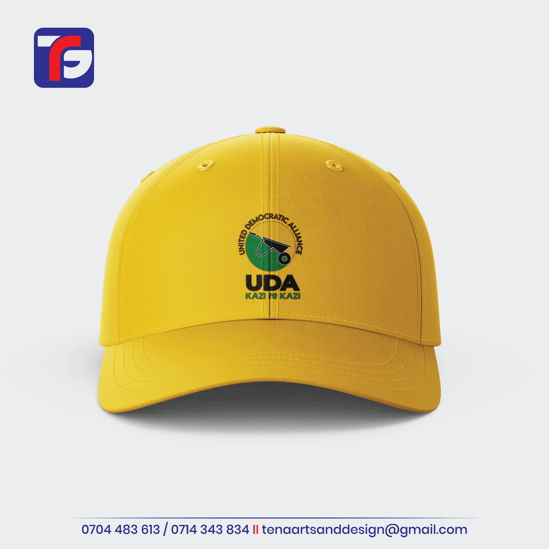 Yellow UDA cap with a curved peak, wheelbarrow logo and Kazi ni Kazi wording on the front.