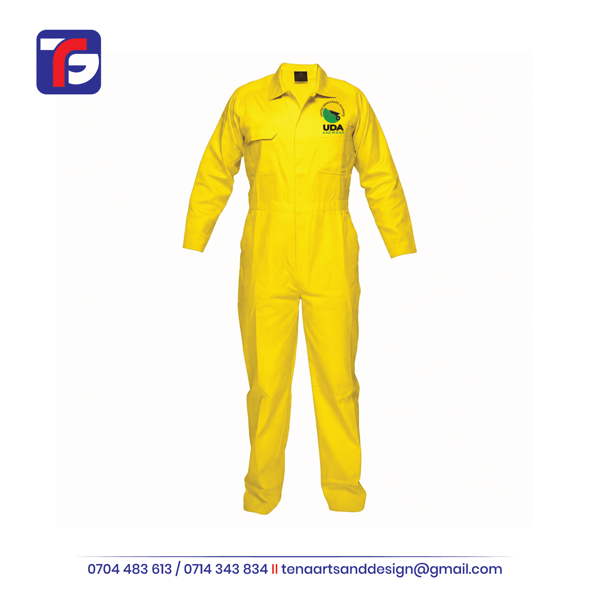 Yellow UDA Branded Overalls with chest logo, long sleeves and a fold-down collar