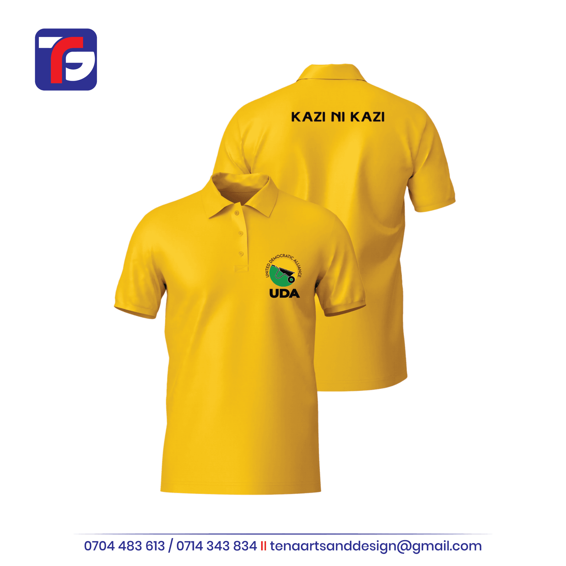 Yellow UDA polo shirt with a left chest emblem, three-button collar and Kazi Ni Kazi wording on the back.