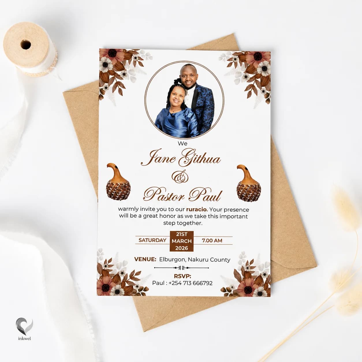Personalised ruracio invitation cards with a couple’s photo, floral corners and brown lettering