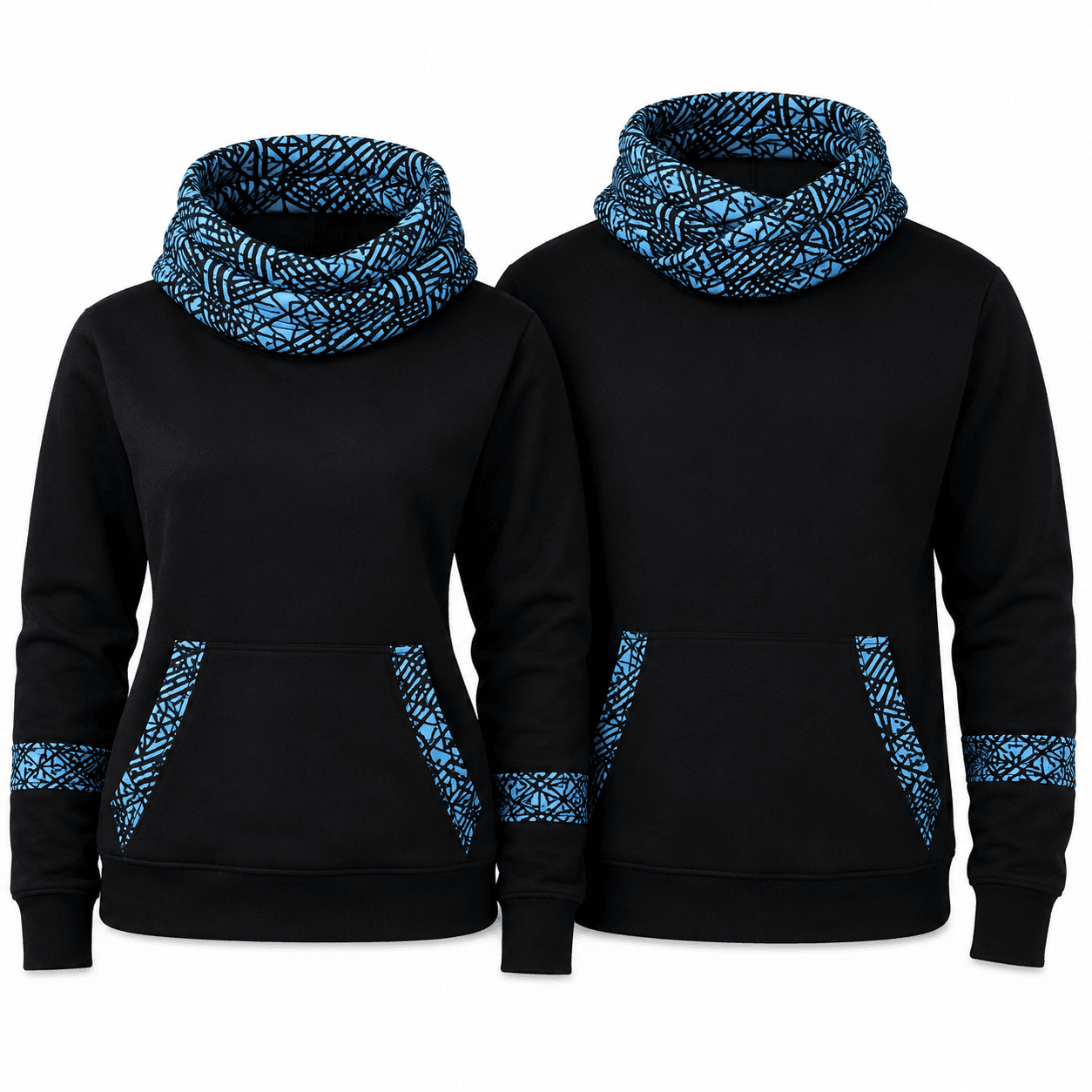 Two black and blue Ankara hoodies with patterned crossover hoods, sleeve bands and kangaroo pocket trim.