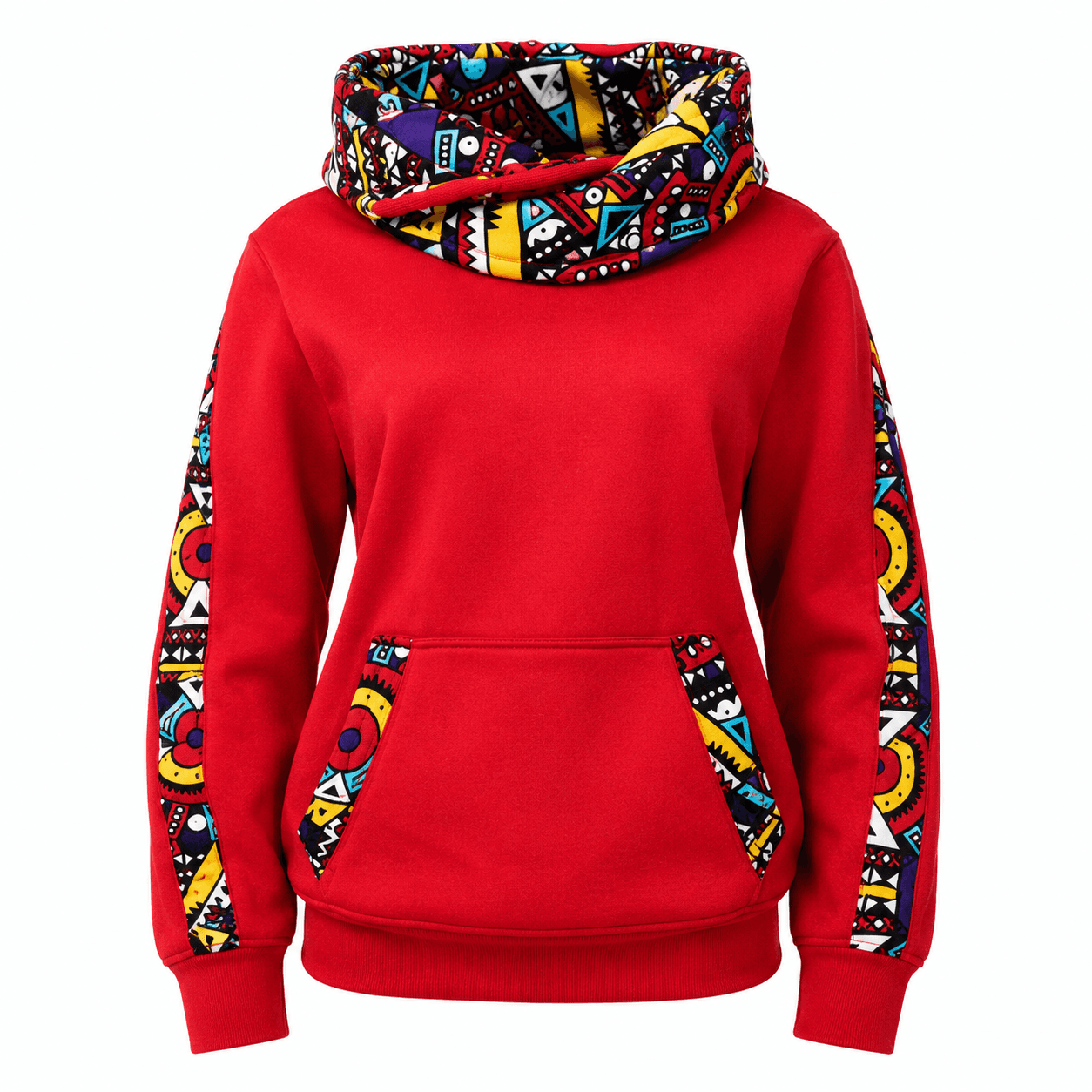 Red Ankara panel hoodie with a multicoloured patterned hood, outer sleeve panels and kangaroo pocket trim.