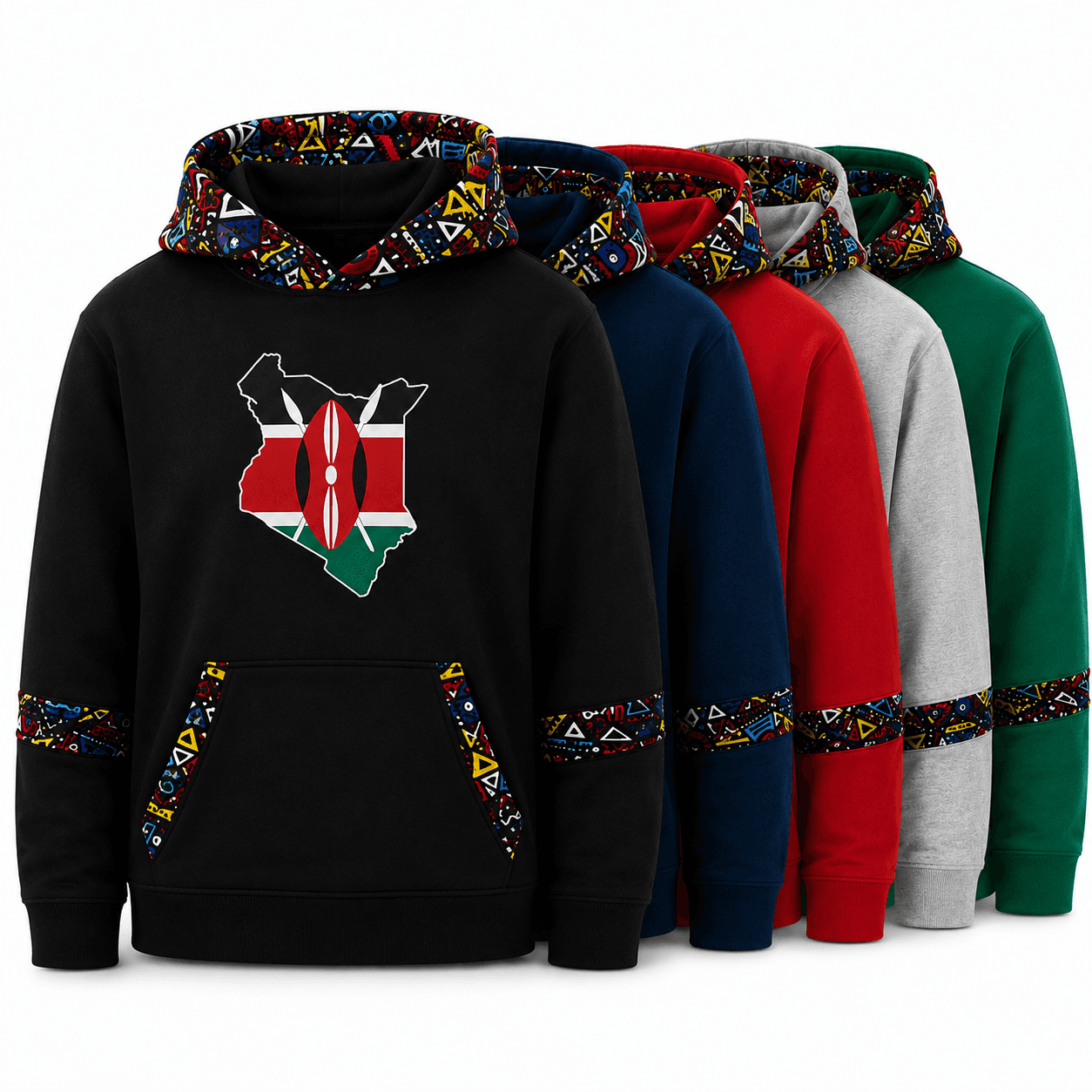 Kenya flag Ankara hoodies in black, navy blue, red, grey and green, with Kenya map artwork on the front black hoodie.
