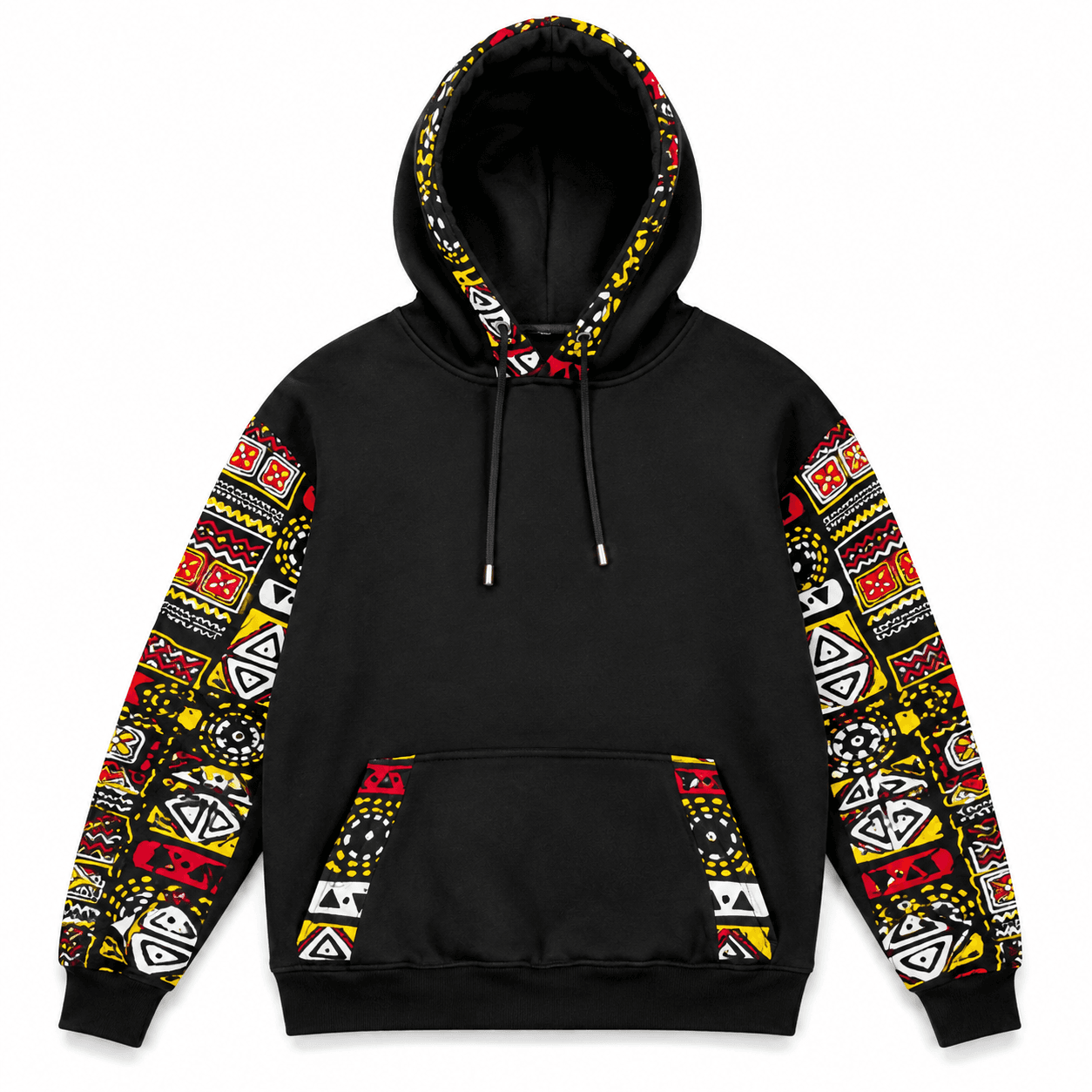 Black Ankara hoodie Kenya with red, yellow and white patterned sleeves, hood trim and kangaroo pocket accents.