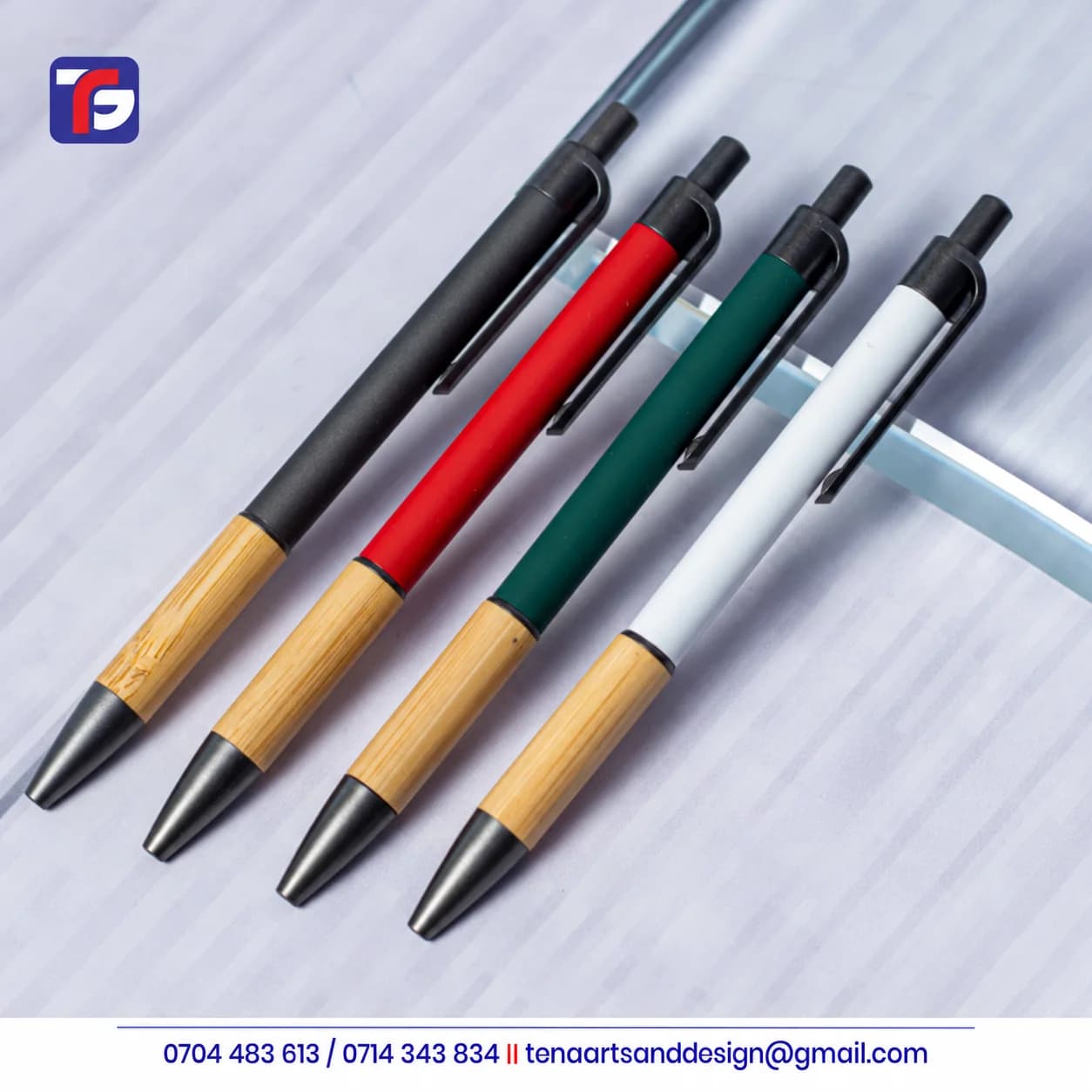 Bamboo-look grip executive pens in black, red, dark green and white with black clips and tips