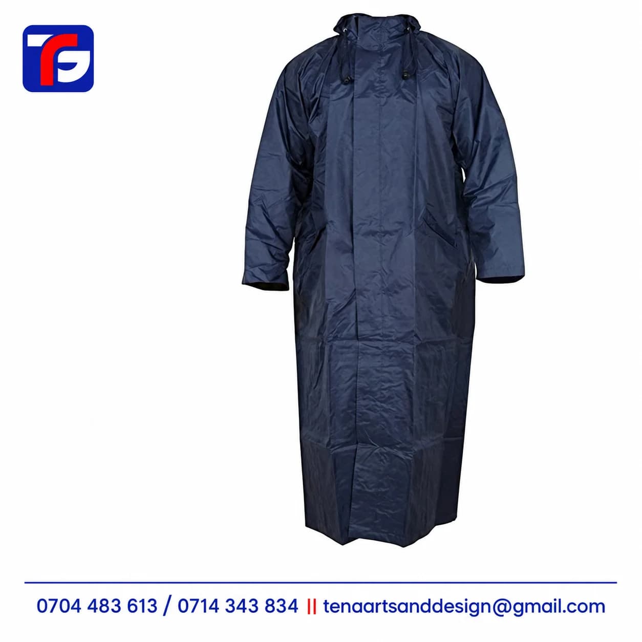 Navy blue long raincoat viewed from behind, showing the hood, upper back flap and full-length sleeves