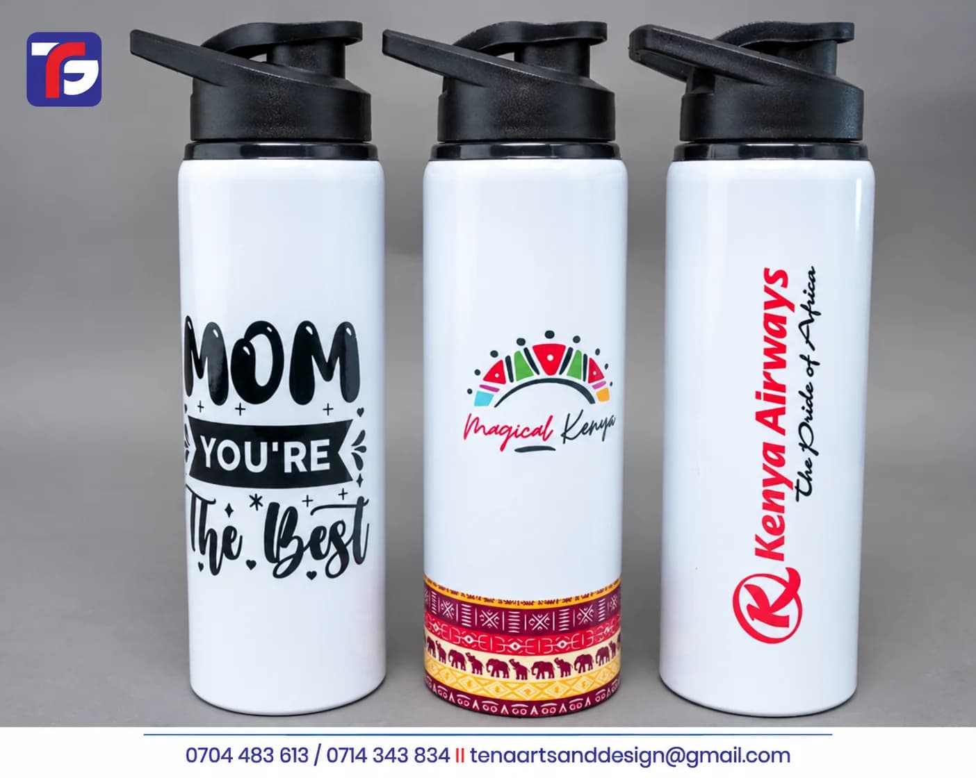 Custom logo sports water bottles in white with black lids, showing Kenya Airways branding, Magical Kenya artwork and a personal message