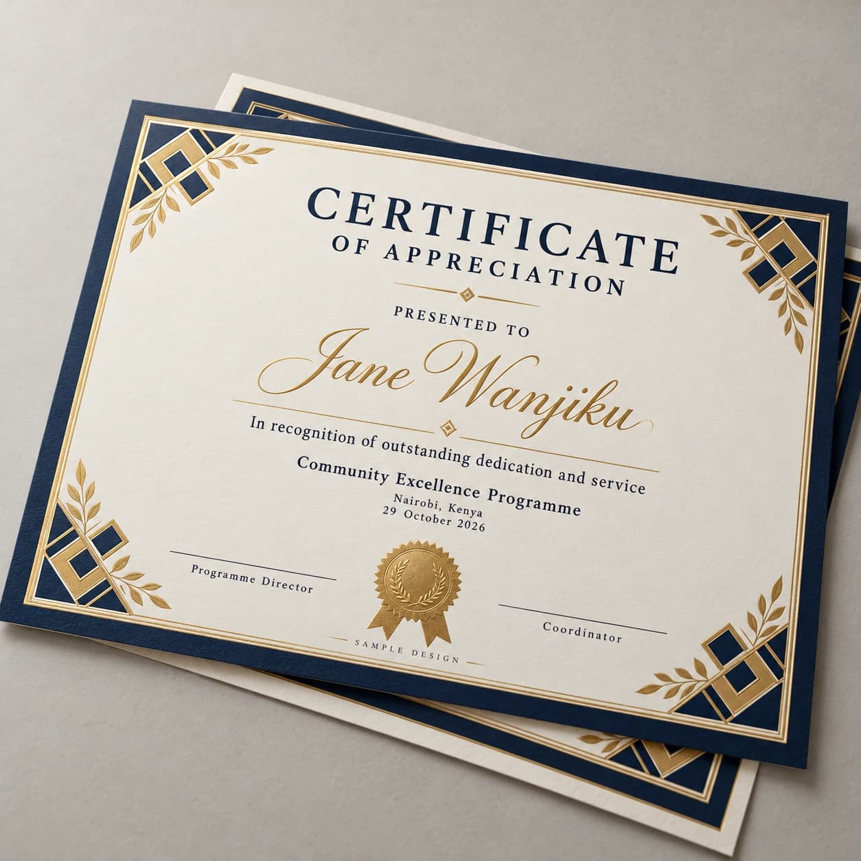 Certificate design sample with an organisation logo, recipient name and signature spaces