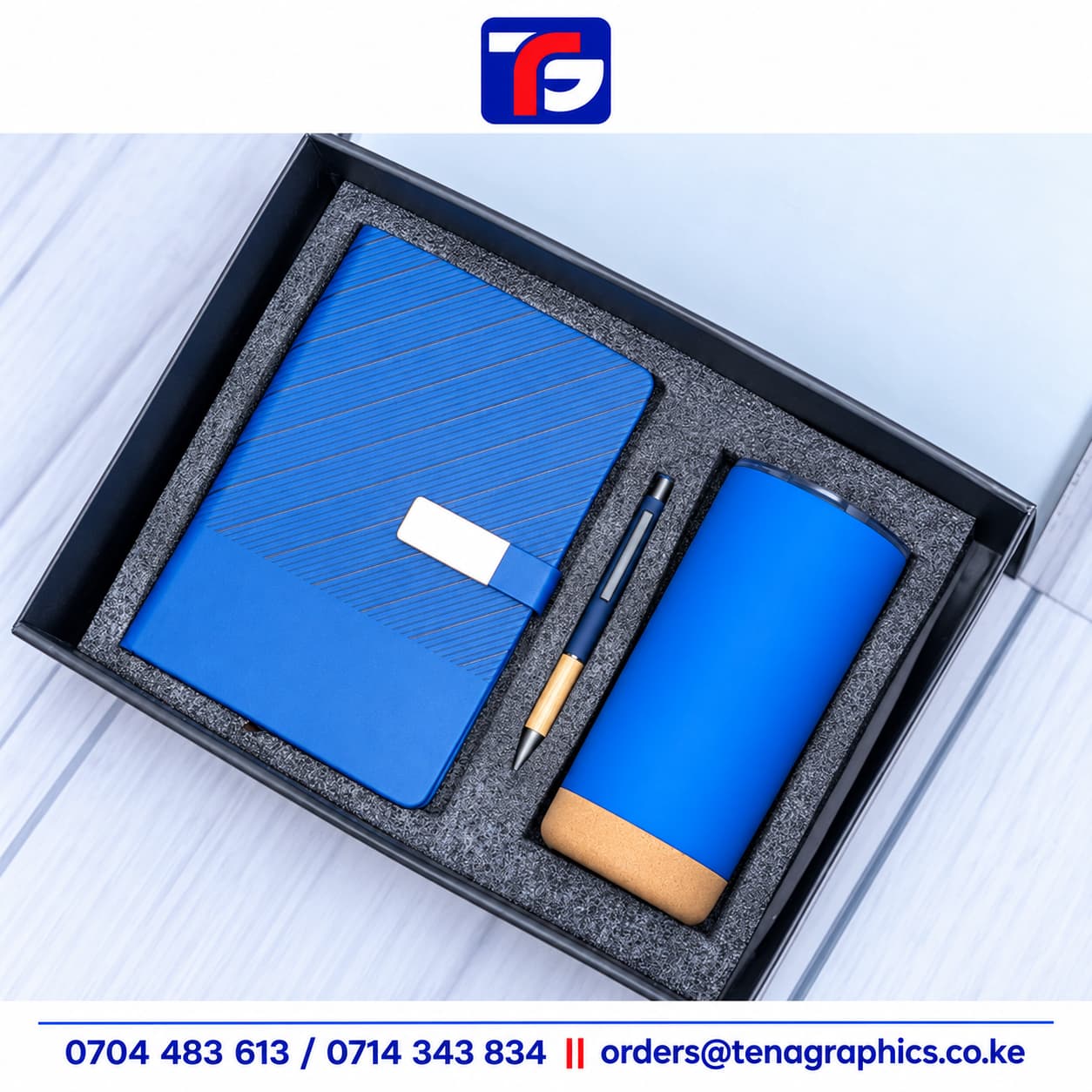 Blue Cork Bottom Gift Set 004 Kenya, corporate gift set by Tena Graphics