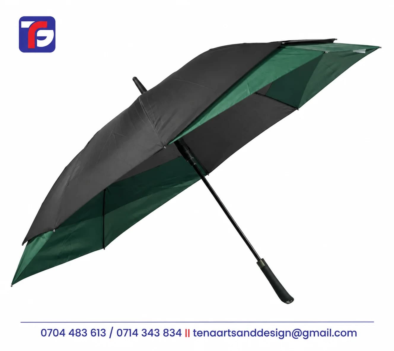 Black and dark green double fabric umbrella for corporate logo branding in Kenya, shown open with a straight black handle