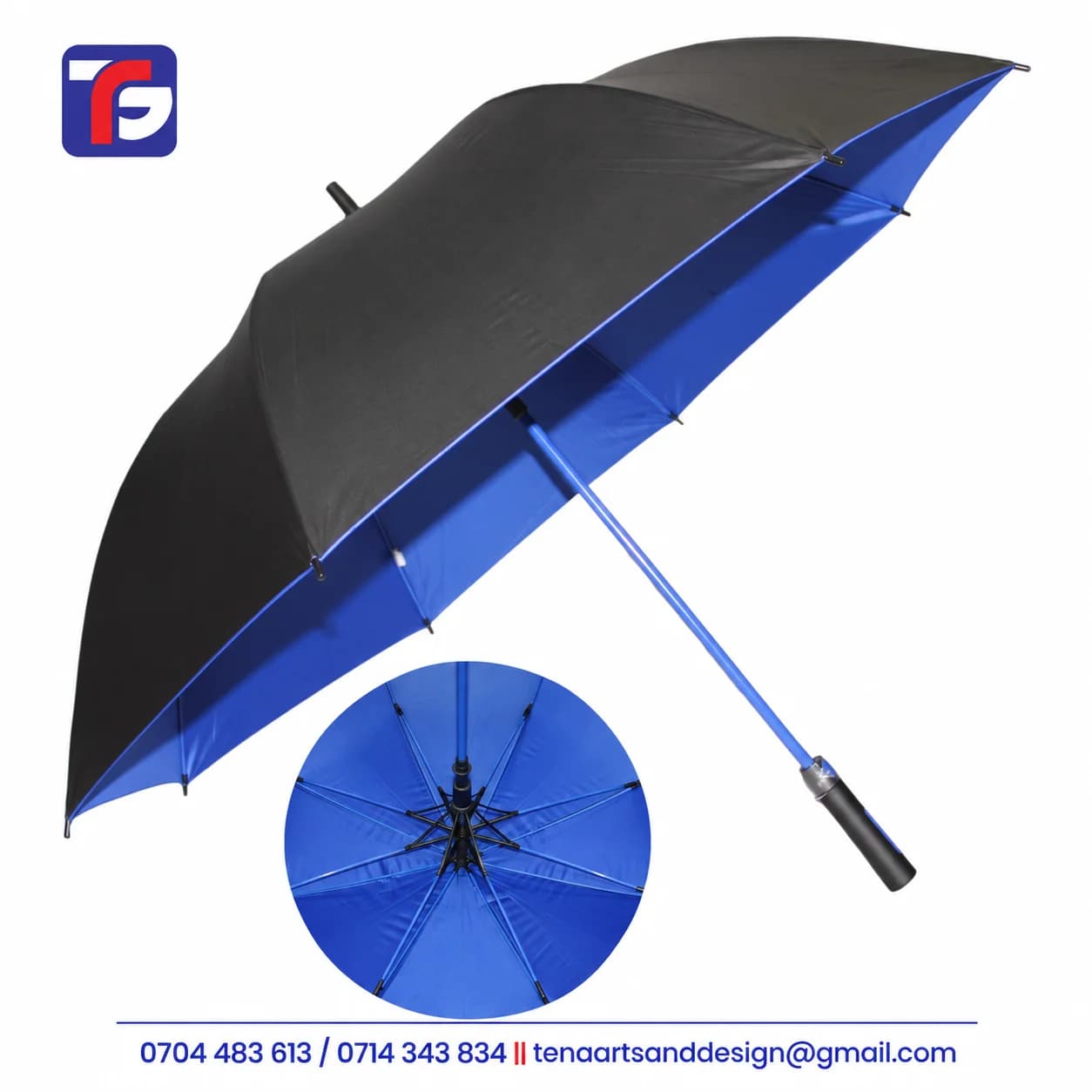Open dual colour umbrella with a black exterior, royal blue interior, blue shaft and black handle, with an inset showing the ribs
