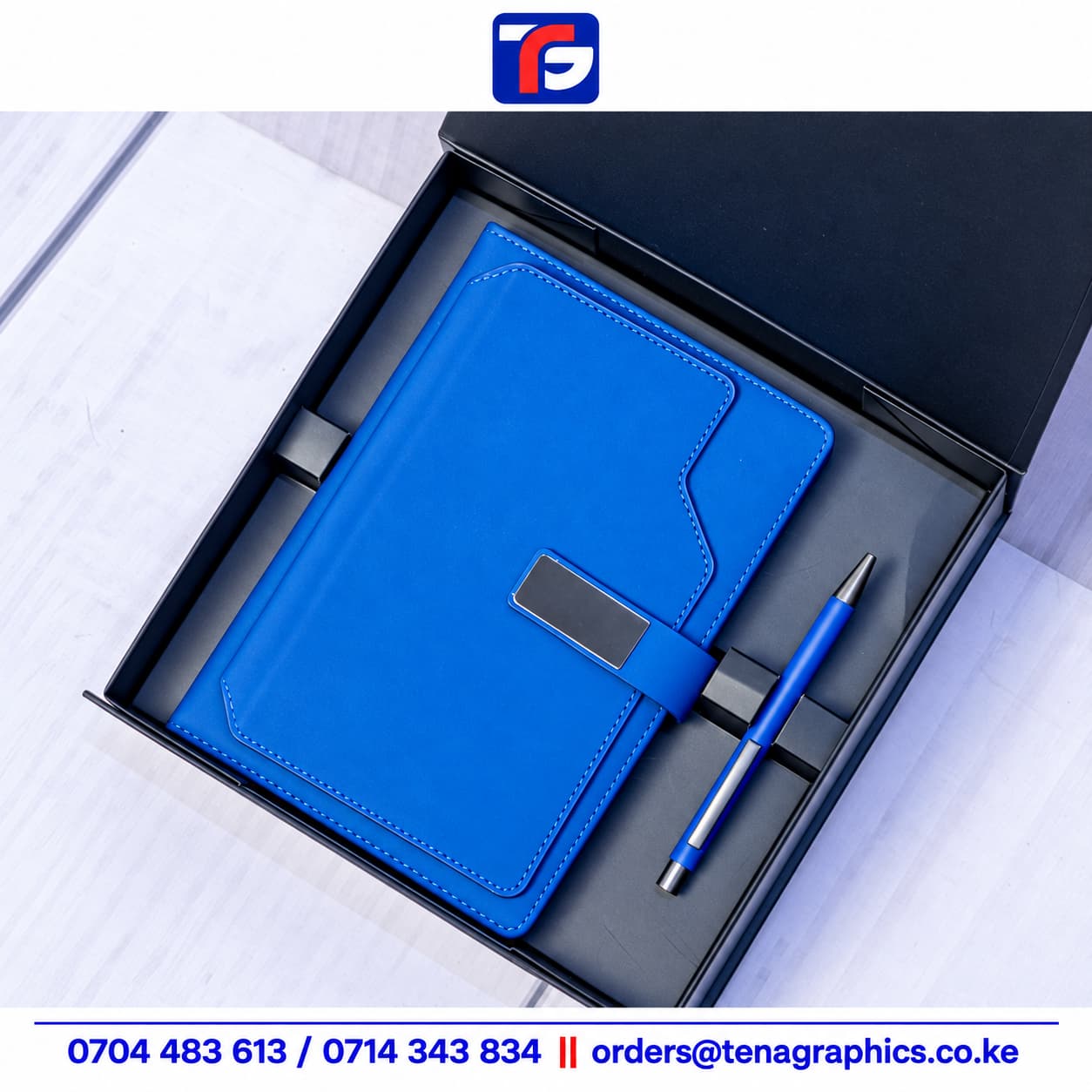 Blue E105 Notebook Pen-Set Kenya, corporate gift set by Tena Graphics