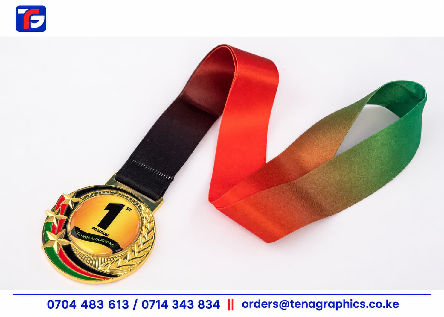 Executive Three-Star Gold Medal with first-place artwork, laurel detailing and a black, red and green ribbon.